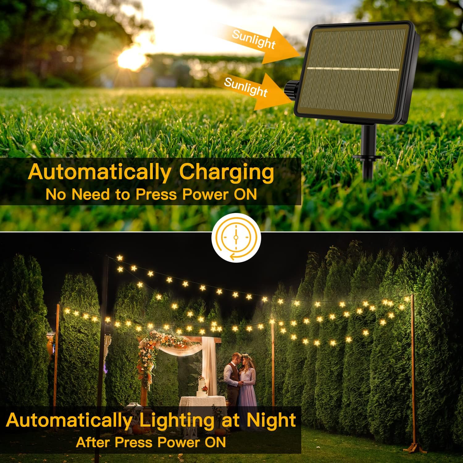 Ollny Solar Christmas Lights, Solar Star String Lights 2Pack Each 50LED 25FT Warm White & Multicolor Outdoor Patio Lights, with Remote 11Modes Memory Waterproof Timer for Christmas Garde Decorations