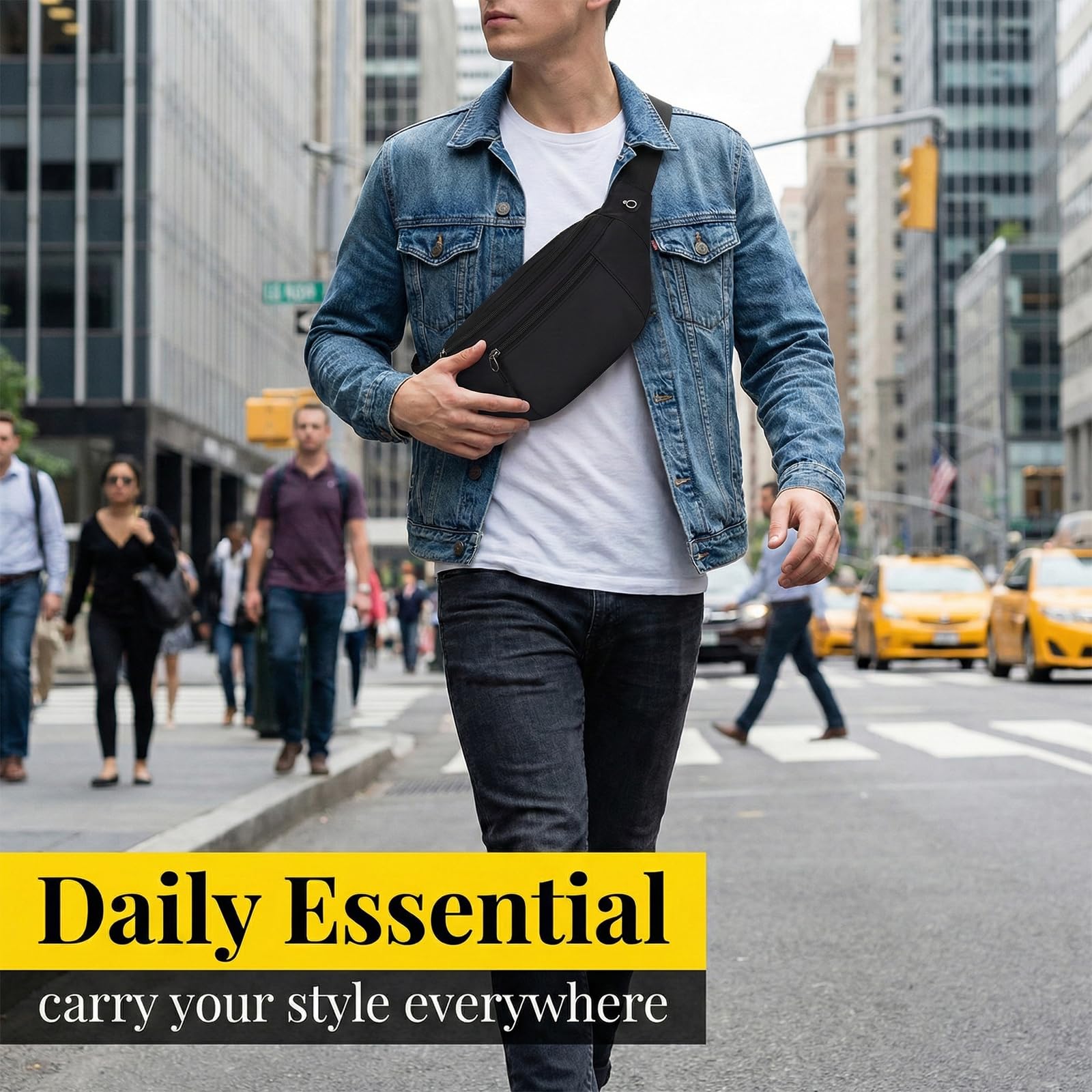 Sac Banane Noir Imperméable à Bandoulière Ajustable, pour Voyage Shopping et Quotidien