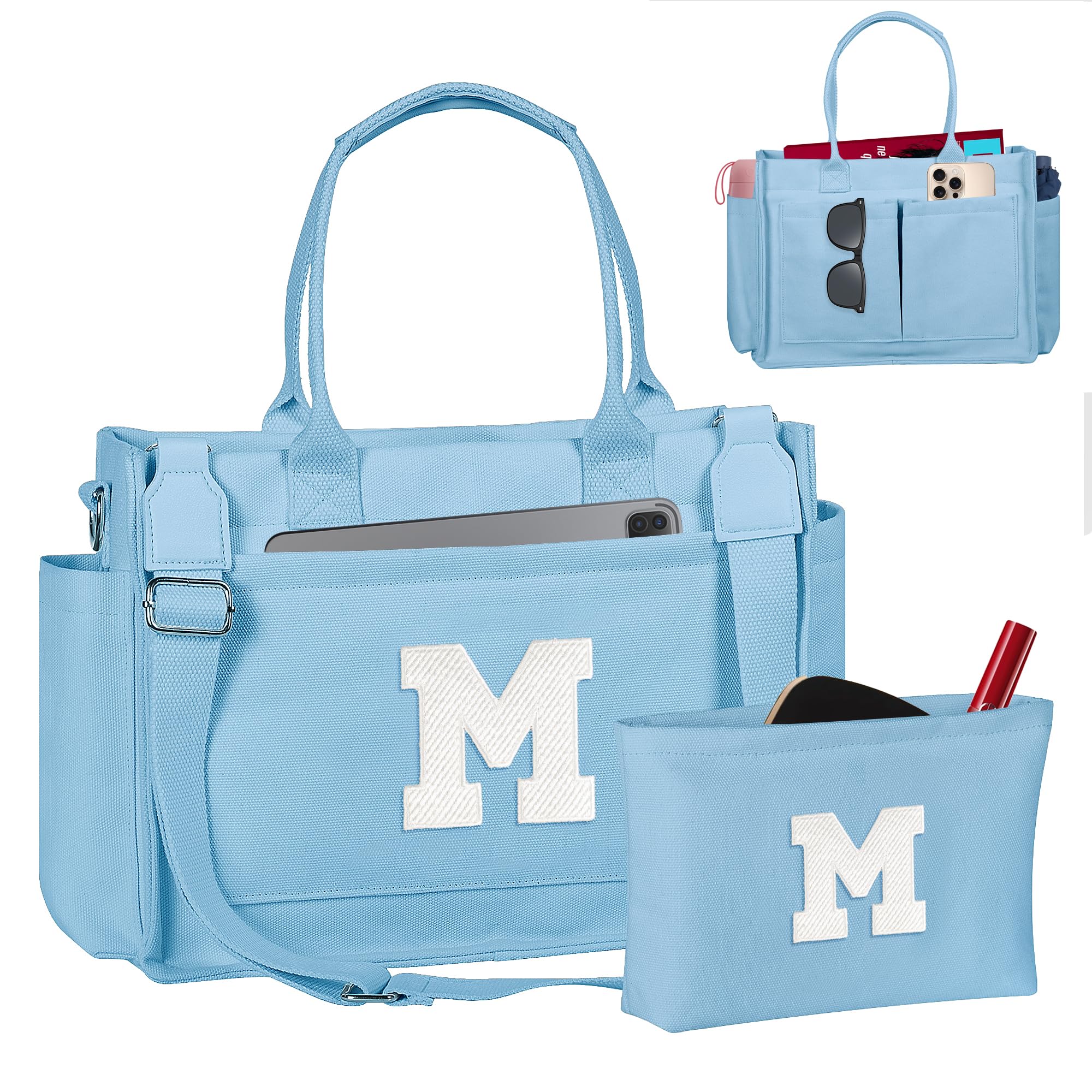 Freesya Valentines Day Gifts for Her, Initial Tote Bag with Makeup Bag, Teen Girl Gifts Trendy Stuff, Birthday Gift for Women