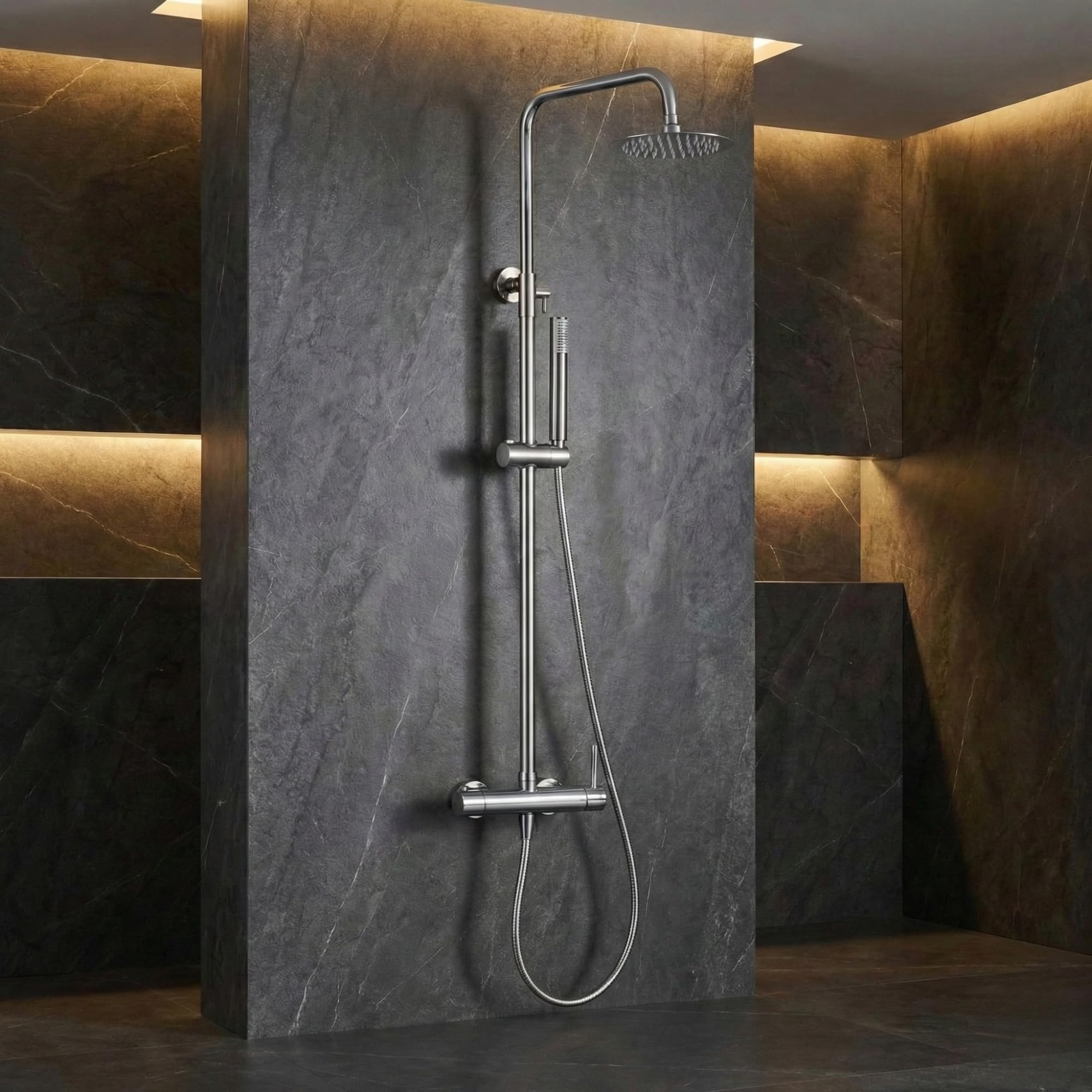 IMEX - Colonna Doccia Monocomando con Rubinetto | Set Doccia con Soffione Anticalcare | Rubinetteria in Ottone e Acciaio Inox S.304 con Asta Estensibile | Serie Monza | Colore Cromato