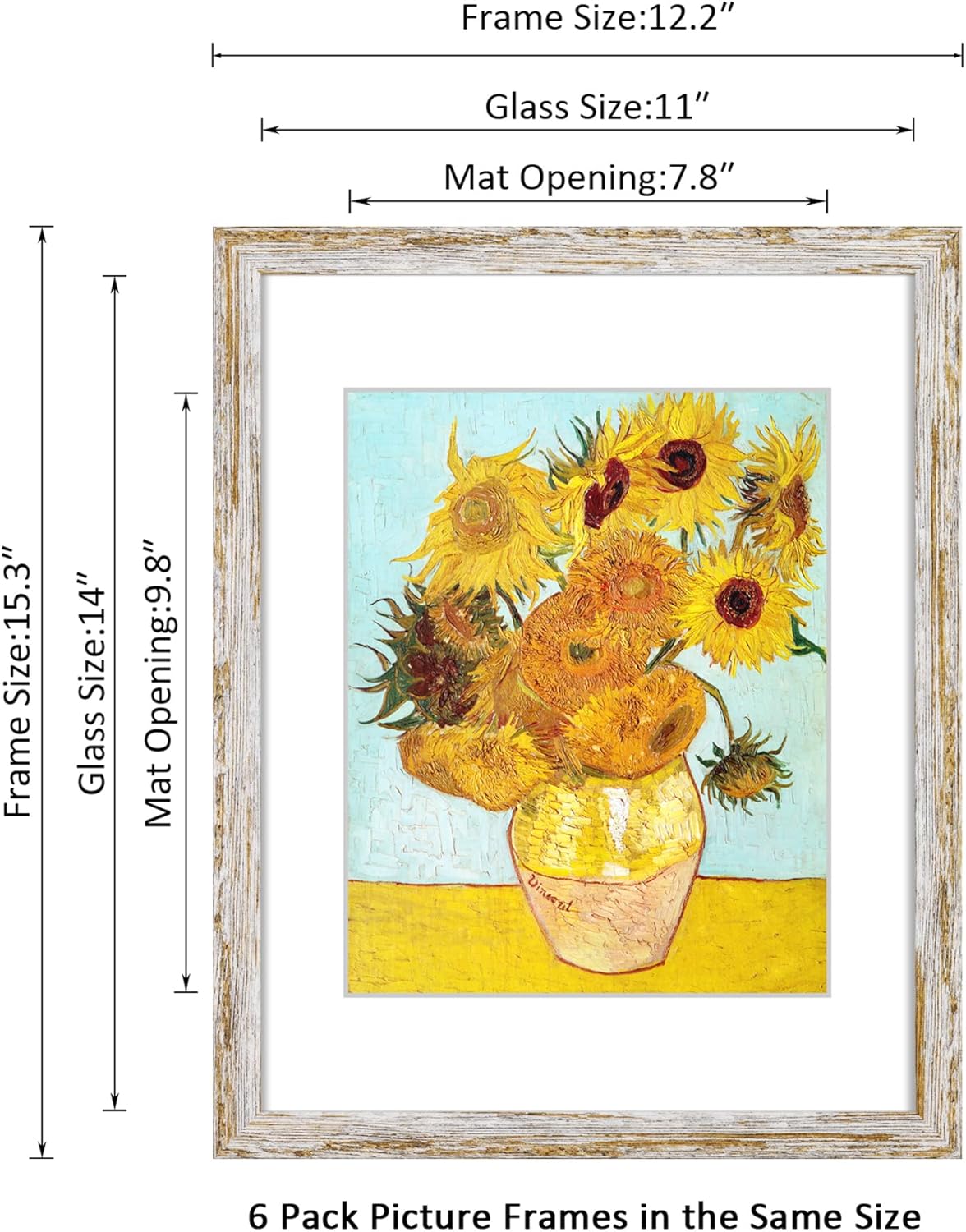 Rustic Distressed Retro Style White Frame 11x14 Picture Frame Set of 6 with Real Glass for Pictures 8x10 with Mat or 11x14 Without Mat, Wall Gallery or Tabletop display