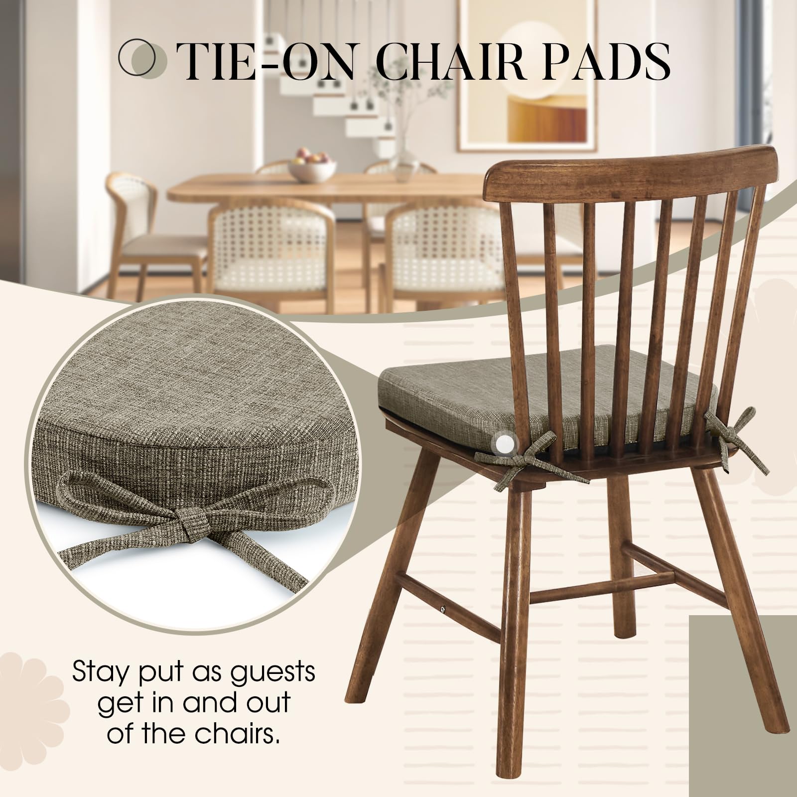 Basic Beyond Chair Cushions for Dining Chairs 6 Pack, Memory Foam Chair Cushion with Ties and Non Slip Backing, 16 x 16 inches Chair Pads for Dining Chairs(Khaki)