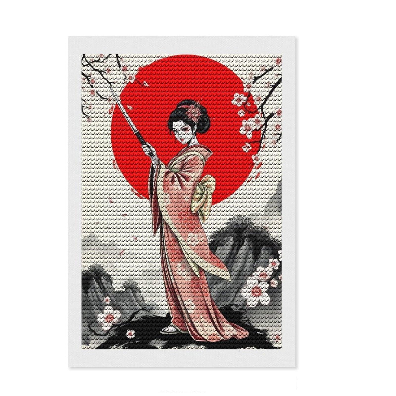 Junmoney Geisha with Katana Diamond Art Kit 8"x12", for Craft Lovers, Sparkling Round Gems, Gift Idea, Living Room Decor, Decorate Your Room