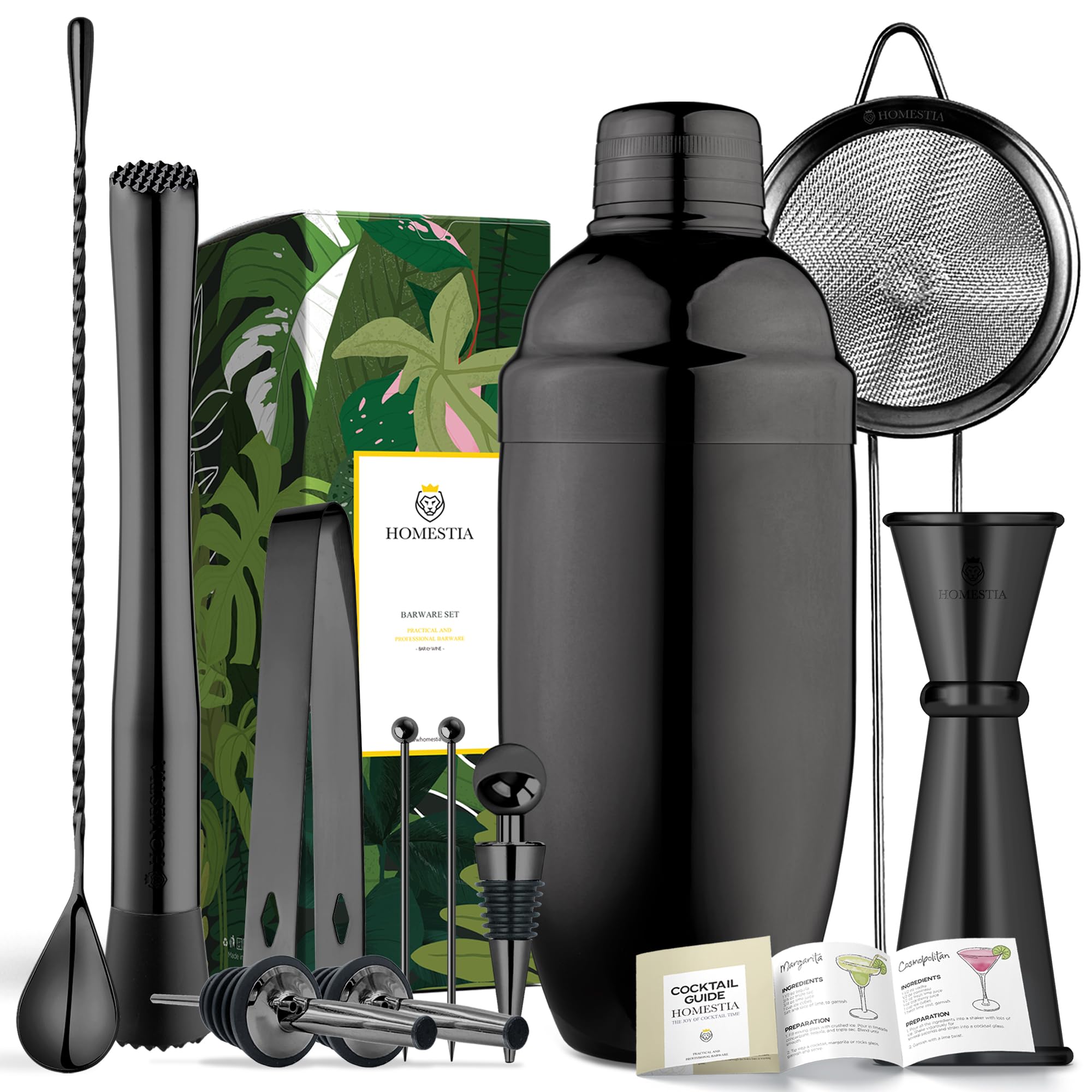 Homestia Set di 8 shaker per cocktail in acciaio inox, nero per Martini, shaker, set da 24 oz, shaker per bevande, shaker per barista, kit per mixer per cocktail e baristi