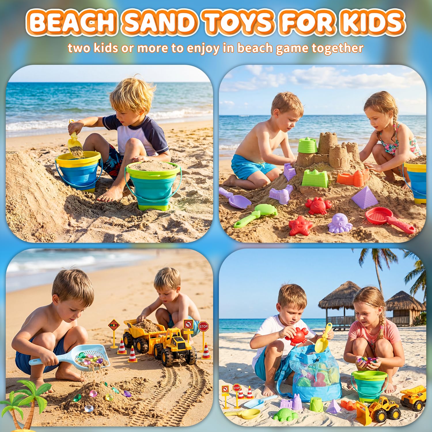 UBeesize 37 Stück Sandspielzeug, Sandkasten Spielzeug mit 2 Faltbarer Eimer Kinder Strandspielzeug Junge Mädchen mit Netztasche Set, 2 Lastwagen und Sandsieb Reise Sandspielzeug Bauen und Schatzsuche