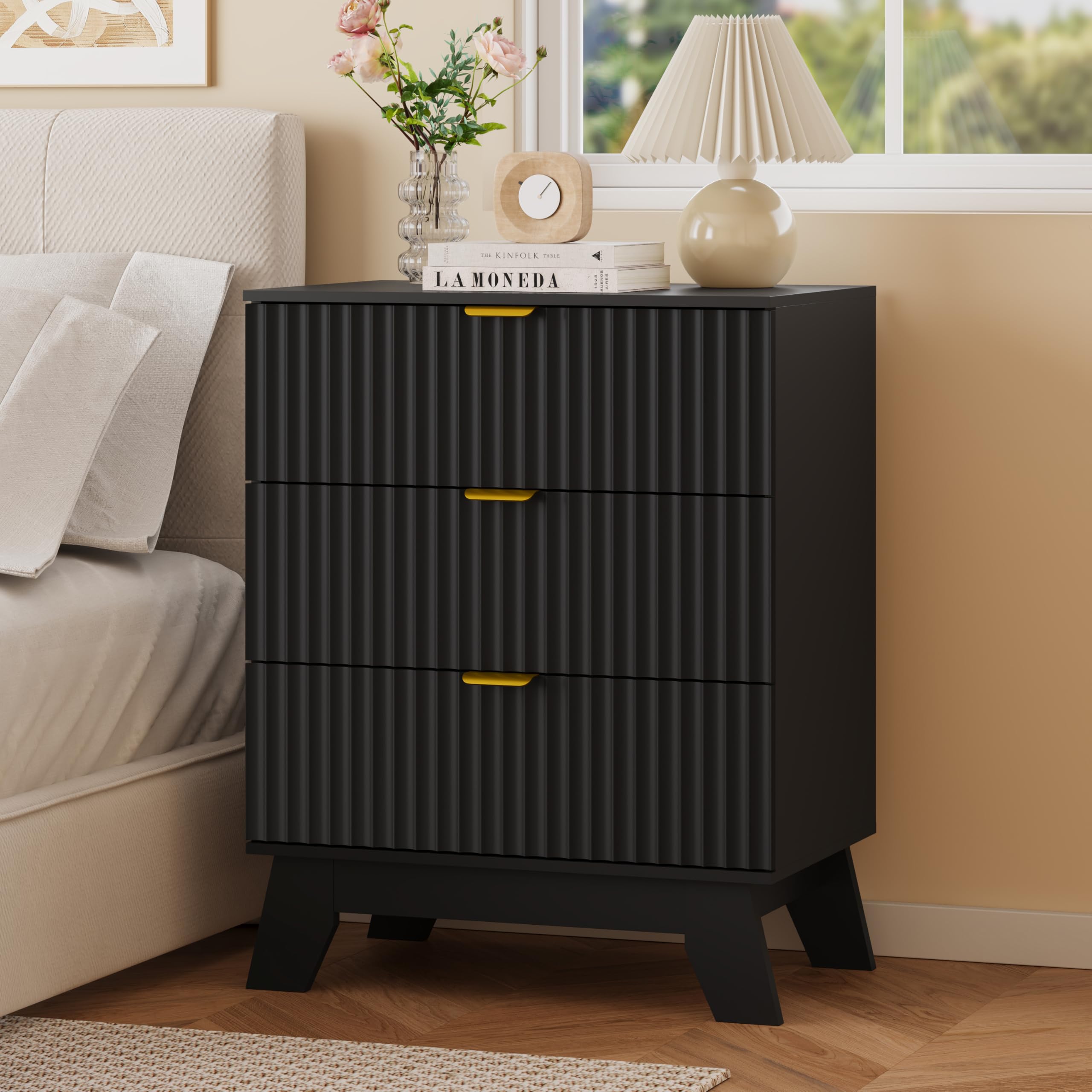 Nightstand with 3 Drawers, Fluted Bedside Table, 24" Wide, Black