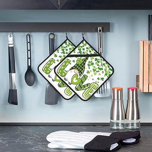 Miniatura 5 de Juego de 2 soportes para ollas de gnomo del día de San Patricio, tréboles verdes de trébol, decoración de cocina, resistentes al calor, forro de
