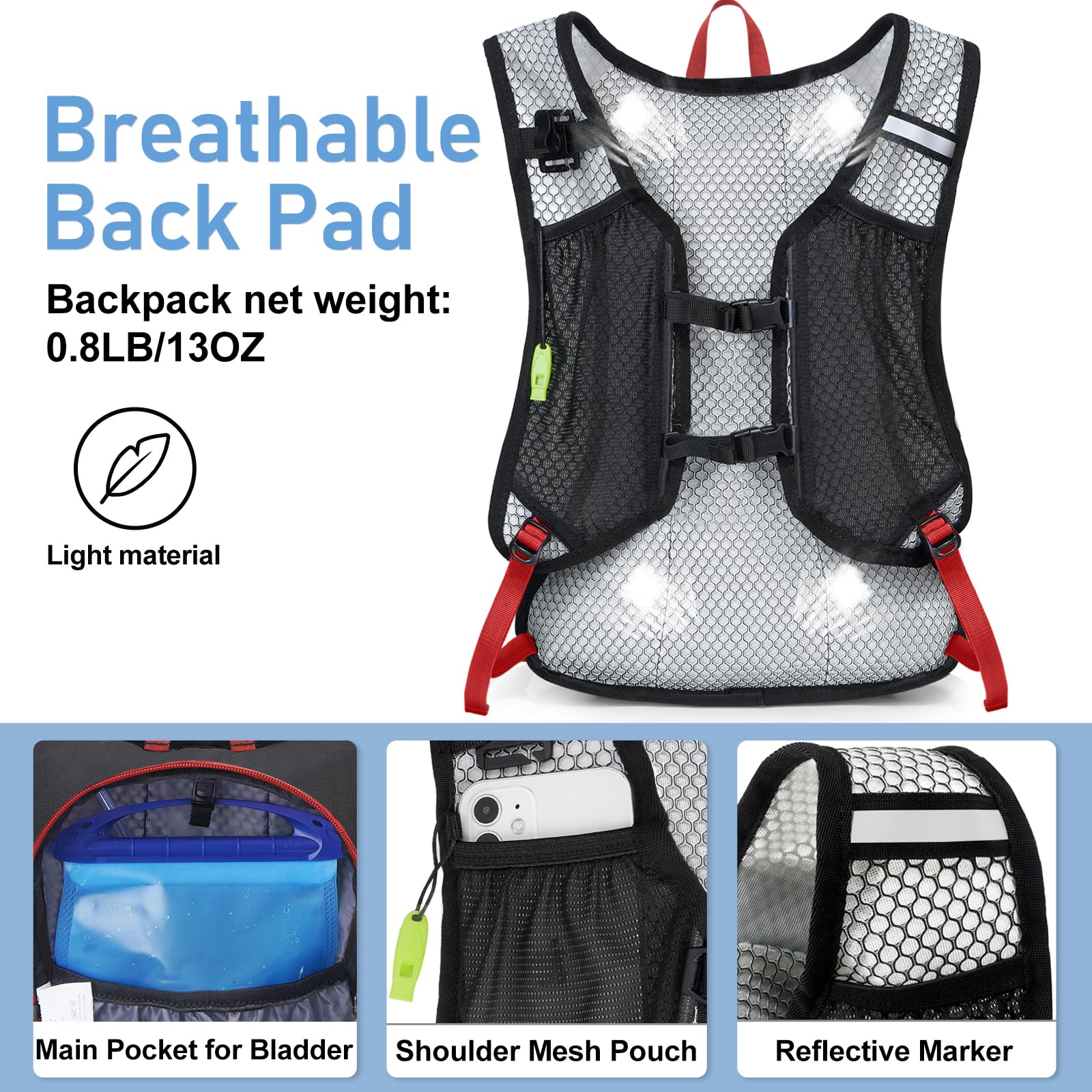 Mochila de hidratación ligera, mochila para correr con vejiga de agua de 2 litros, mochila de agua hidráulica para ciclismo, senderismo, rave para hombres y mujeres