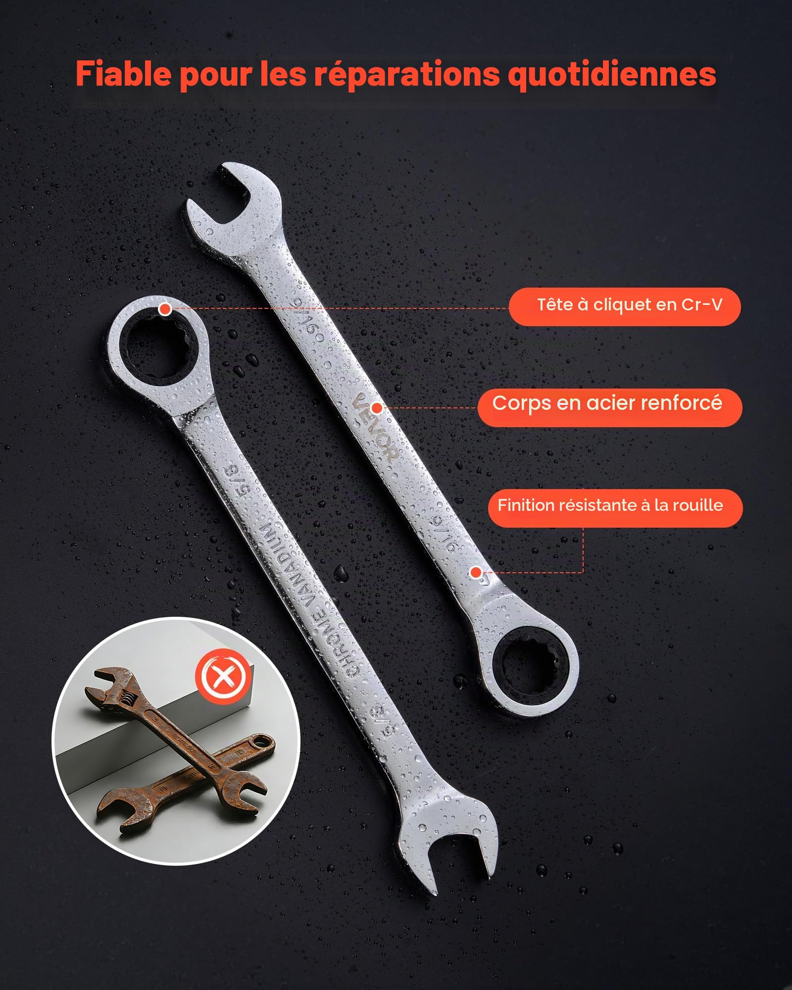 VEVOR Jeu de Clés Mixtes 16PCs, Clé Plate à Cliquet SAE, pour Réparation Domestique et Automobile, Extrémité Fourche, 72 Dents, en Acier Cr-V, avec Trousse Enroulable, Marquage bien Lisible, Argent