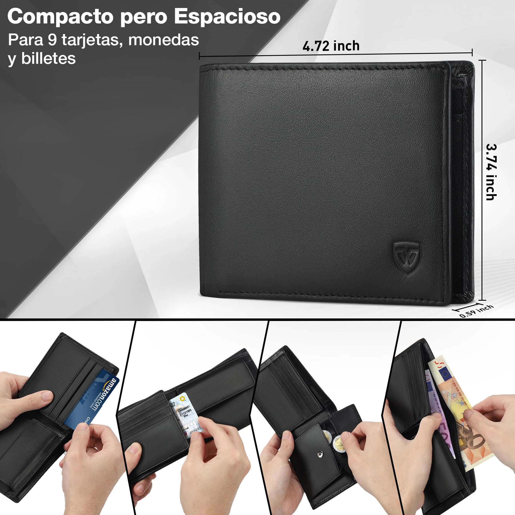 WONSEFOO Cartera Hombre Bifold Delgada con RFID 10 Ranuras Tarjetas Negro