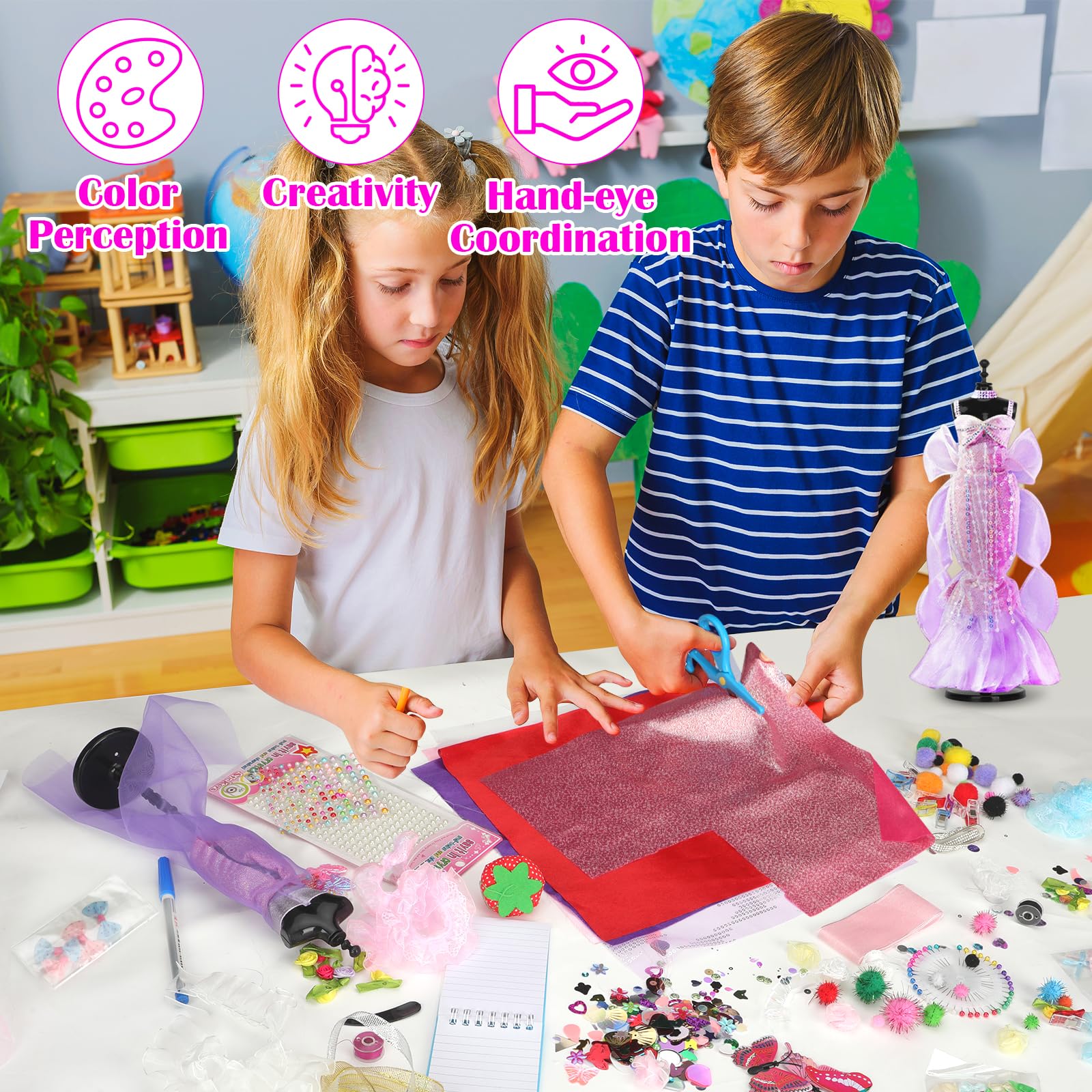 YOCOLE 1500+ Pezzi Fashion Designer Kit, 6 Manichini Moda Cucito Giochi Lavoretti Creativi Arte e Artigianato, Playset Manichino Stoffe Quaderno, Regalo Bambina 6 7 8 9 10 11 12+ Anni