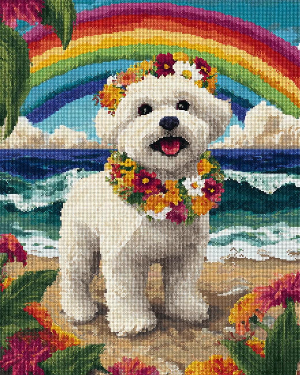 AxiangziK DIY Cross Stitch Kit White Dog and Rainbow 11CT 60x80cm