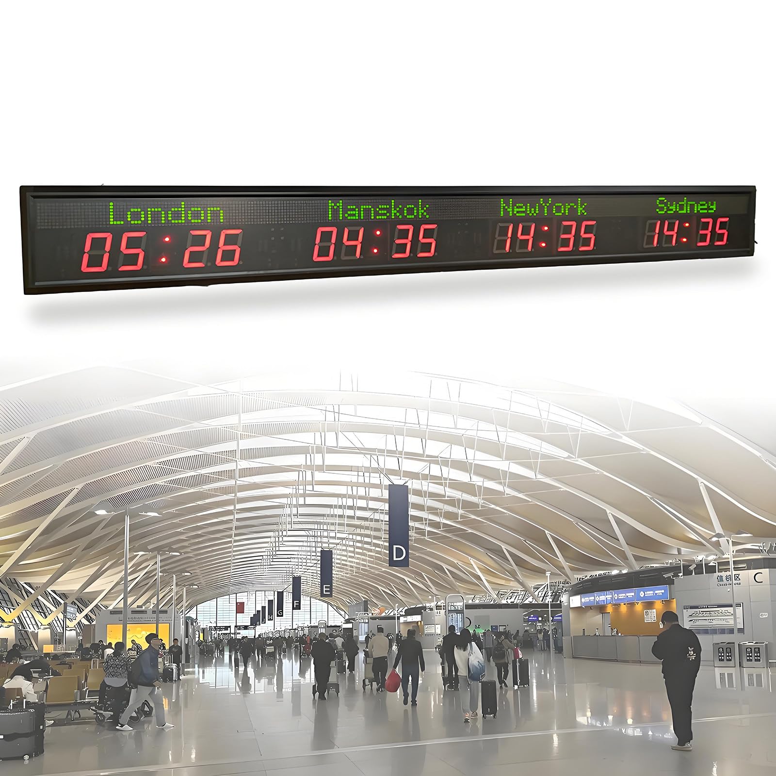 Orologio digitale a LED, display con fusi orari multipli per hotel, aeroporti, aziende, 3/4/5 città, orologio da parete per uso multinazionale, 5 fusi orari