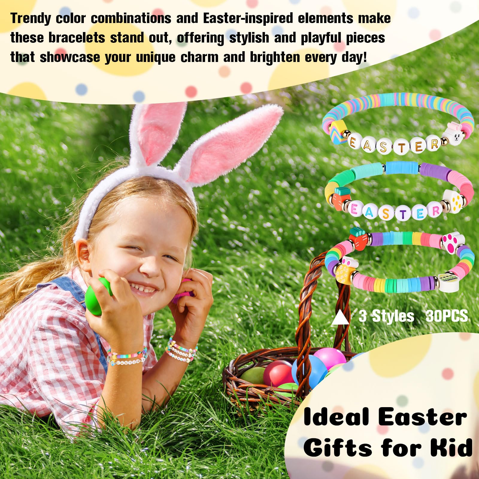 Landical 30 Pcs Easter Party Bracelets Gifts Bulk Easter Bunny Egg Carrot Polymer Clay Beaded Stretch Bracelets Bulk for Party Supplies Basket Stuffers Egg Fillers Gifts for Kids Easters Hunt