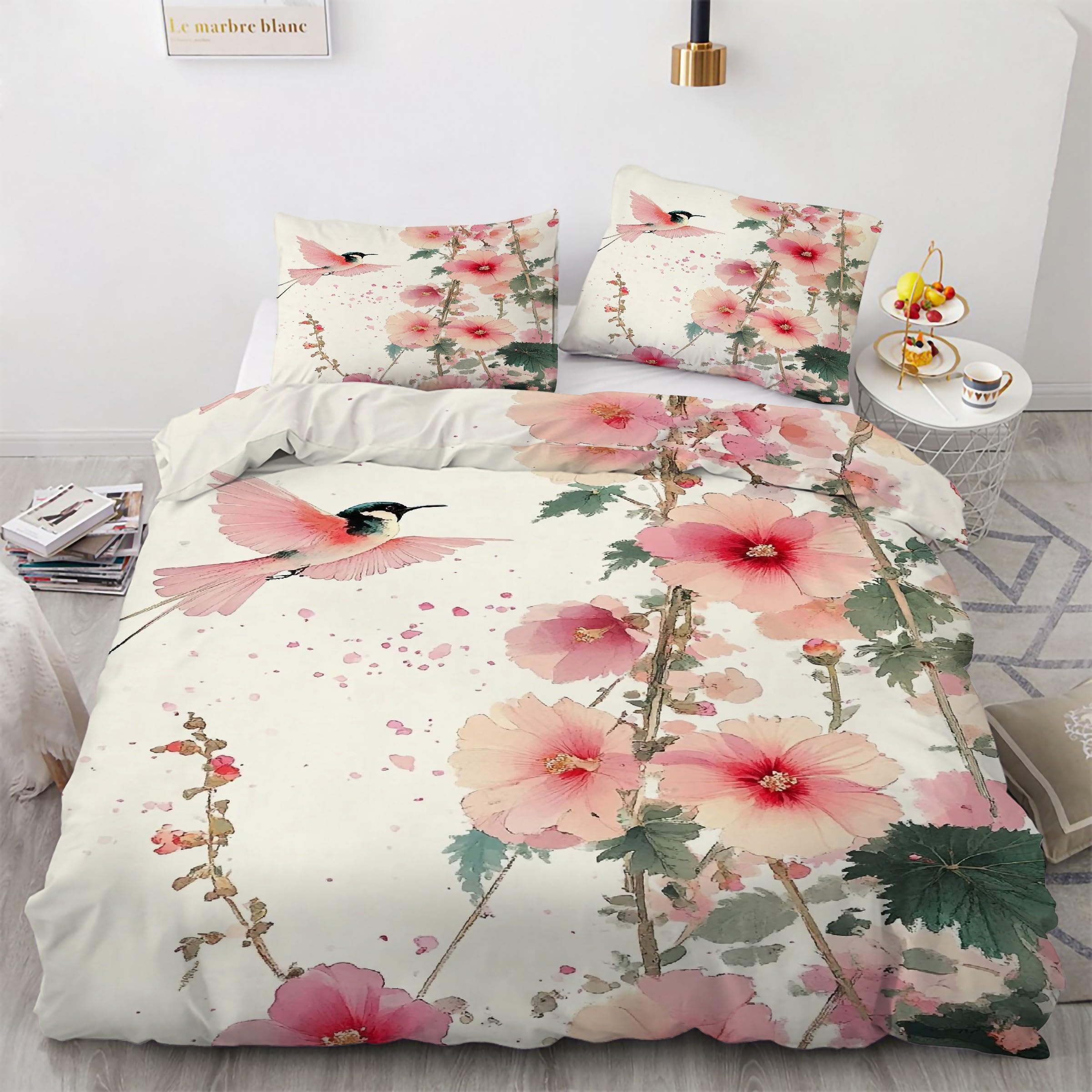 Housse couette 160x200 colibri parure lit microfibre fleurs 3 pièces