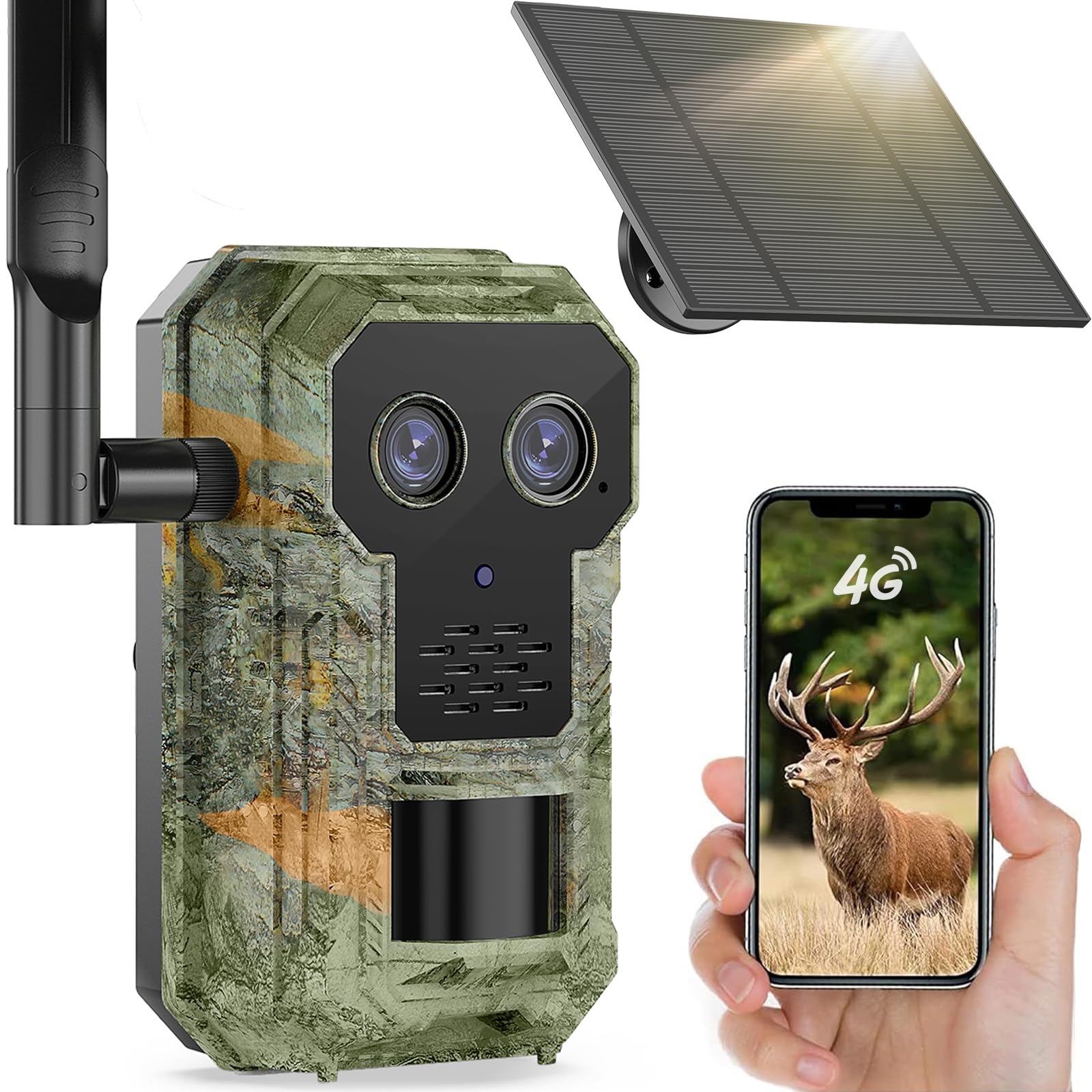 4G LTE Wildkamera mit Handyübertragung App 2.5K Solar Wildtierkamera mit eSIM Karte, Nachtsicht, Bewegungsmelder, Weitwinkel- und Teleobjektive, 7800mAh Akku, IP66 Wasserdicht