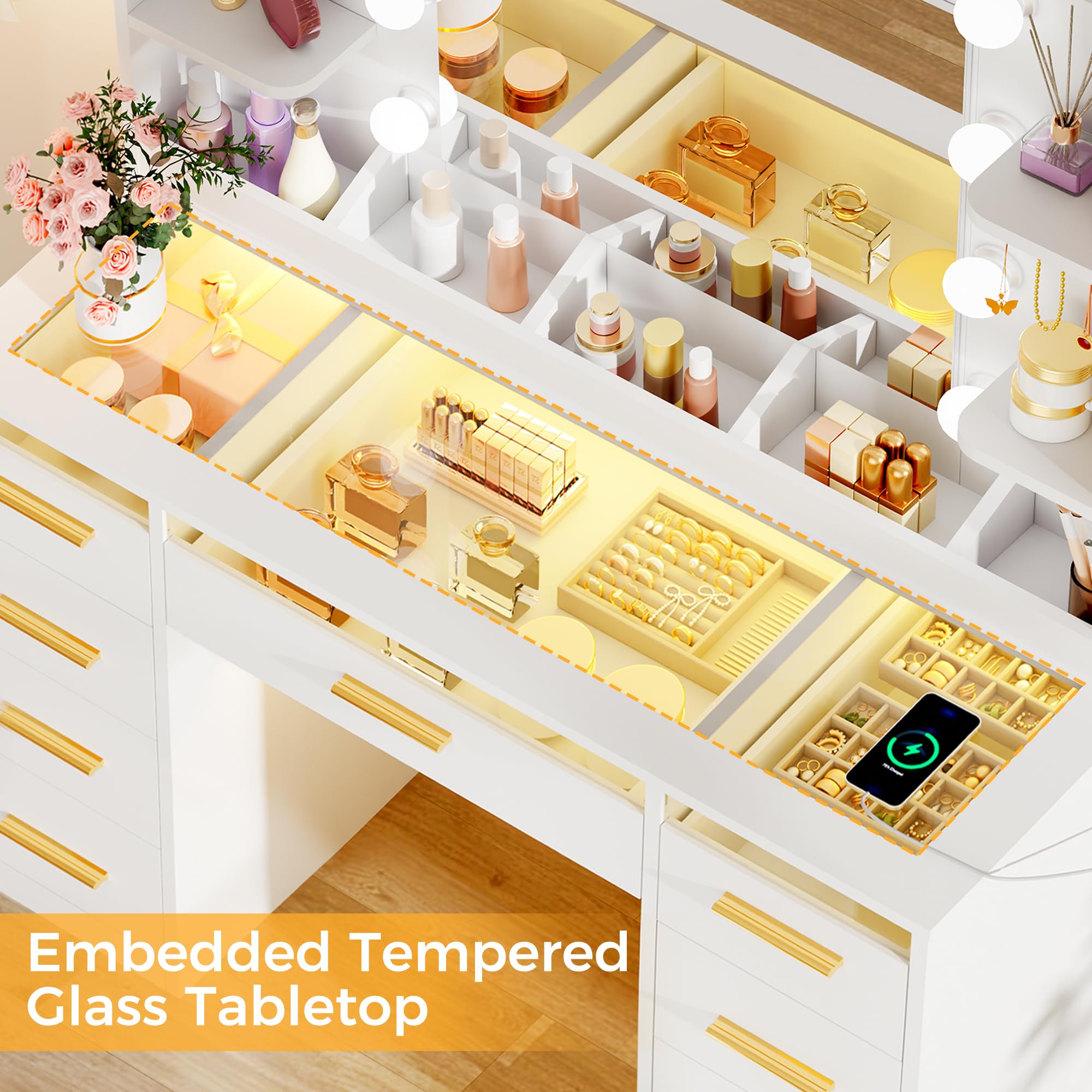 ANWBROAD Coiffeuse avec Miroir et Éclairage LED 3 Couleurs Grande Coiffeuse avec Plateau en Verre 9 Tiroirs RGB 4 Étagères Table de Maquillage avec Prise de Courant pour Chambre Moderne Blanc BDT95W