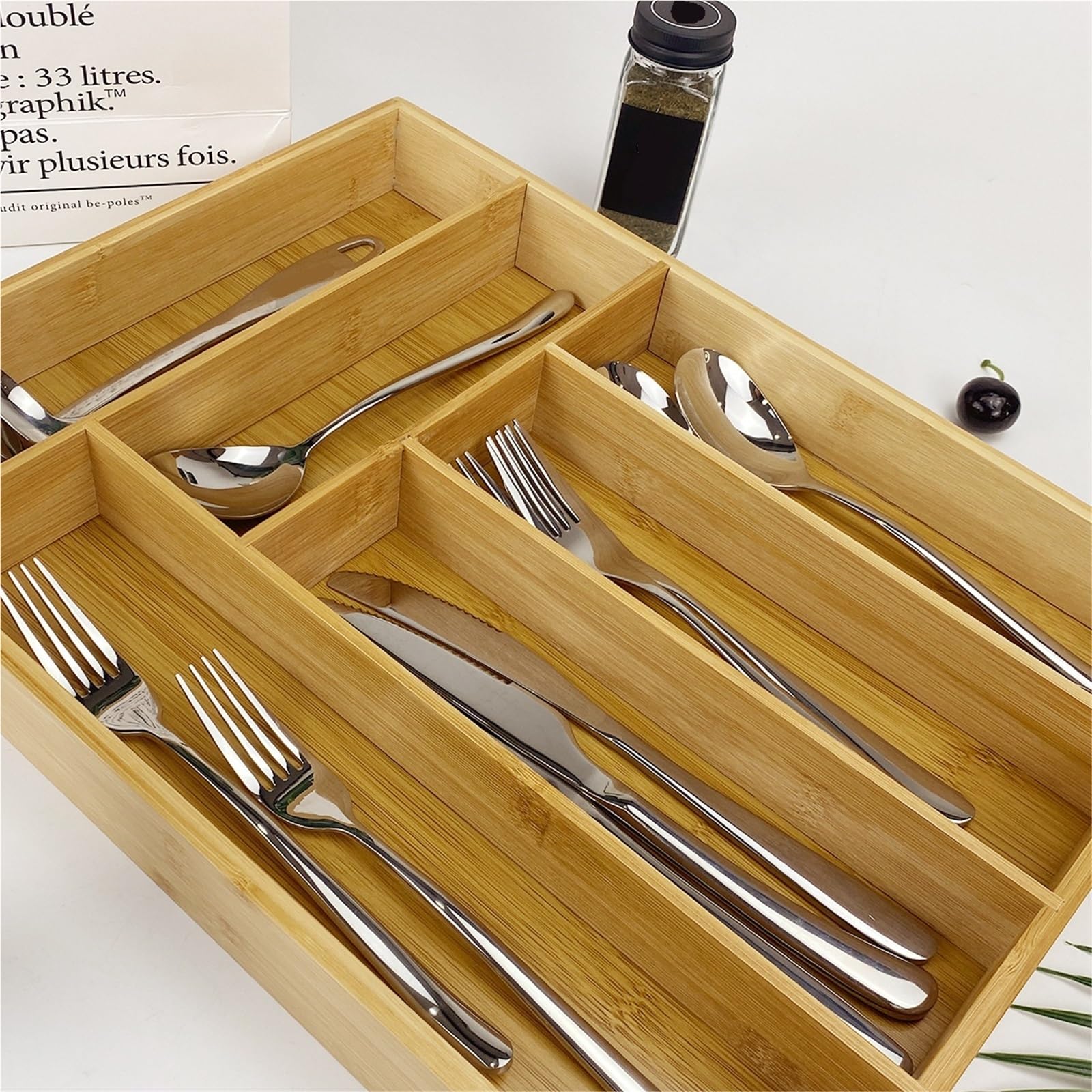 Cubertero Cajon Bandeja de cajón expandible, organizador cubiertos, utensilios cocina, cucharas, cuchillos, bandeja almacenamiento bambú