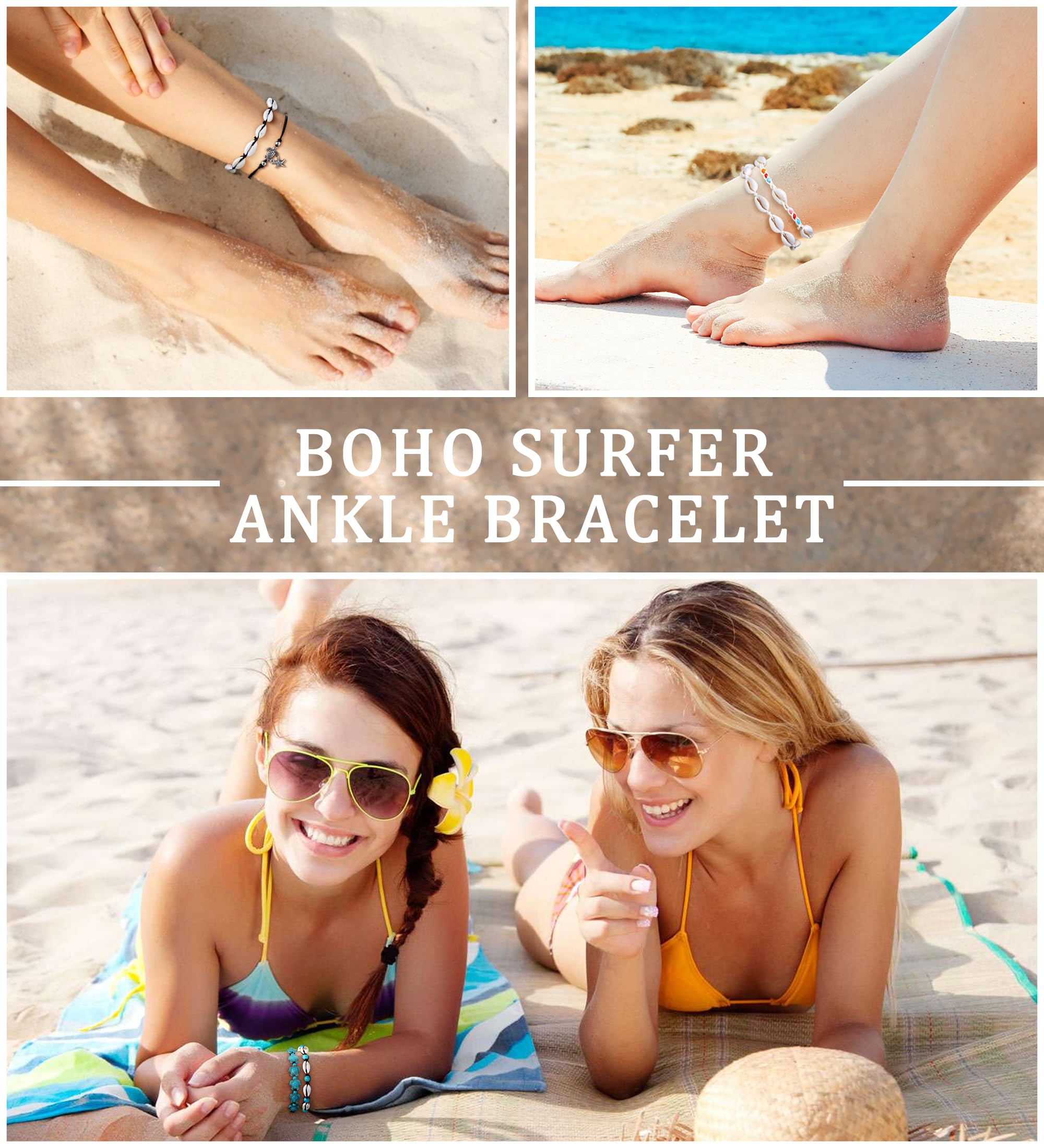 Tobillera de tortuga de concha hecha a mano, bohemia, ajustable, natural, cauri, playa, cuentas, para mujer, 10 unidades, Cuerda trenzada 3