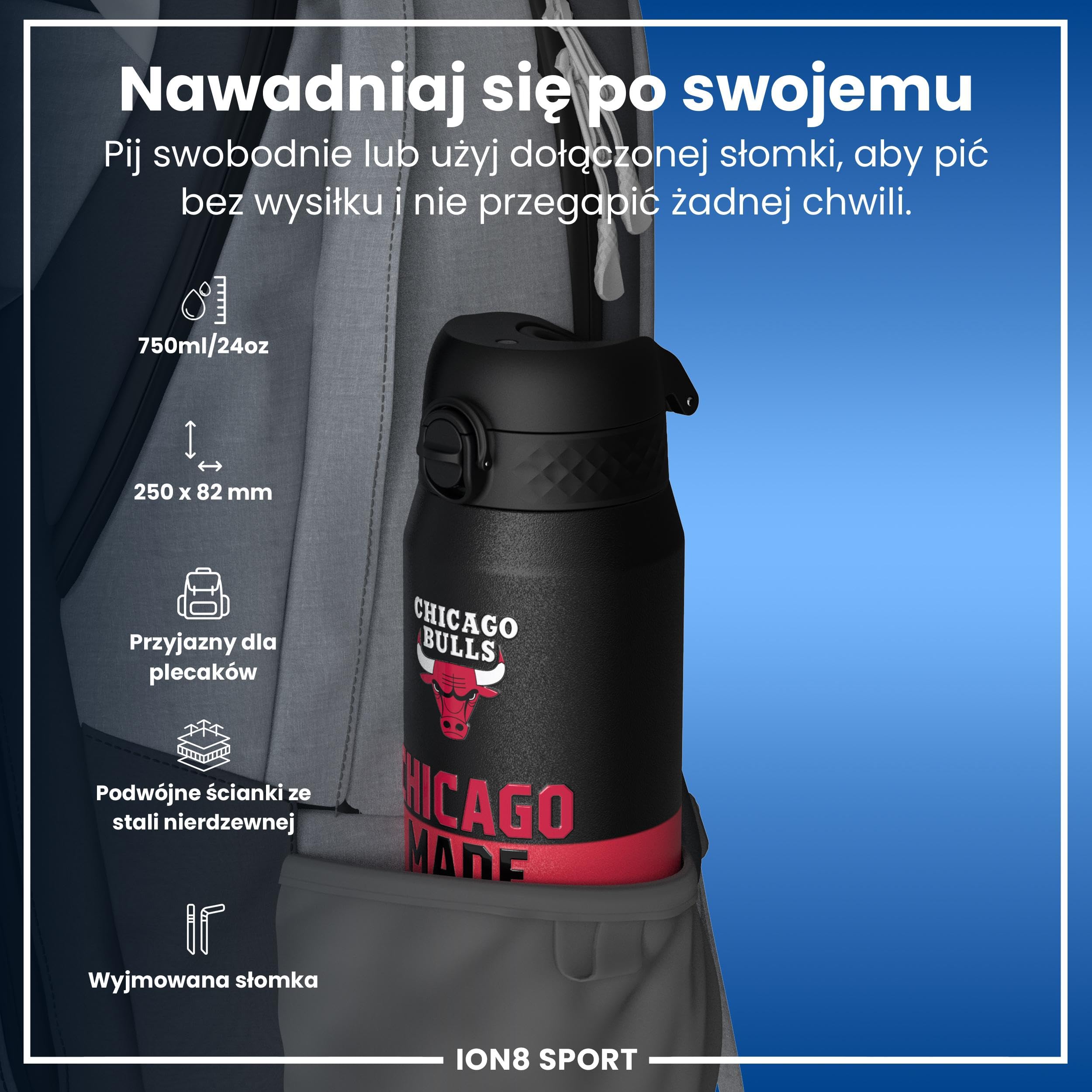 NBA Chicago Bulls Termiczna Butelka Sportowa Ze Zdejmowaną Słomką, 750ml/24oz, Szczelna, Izolowana Próżniowo, Łatwa Do Otwarcia, Bezpieczne Zamknięcie, Można Myć W Zmywarce, Składana Pokrywka