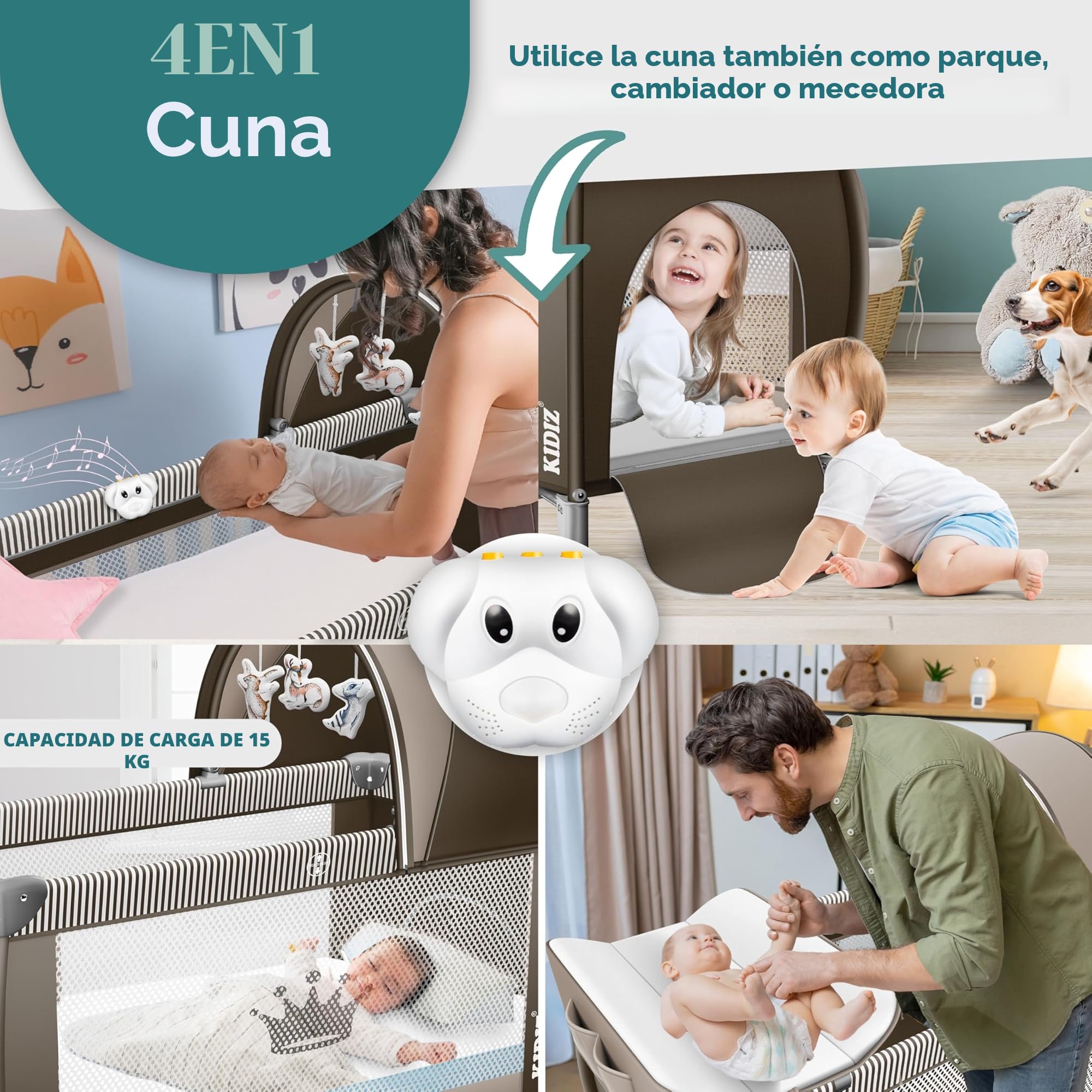 KIDIZ® Cuna de bebé 3 en 1 Cama de Viaje, Combi Set, Cama de bebé con Cambiador, mosquitero Corral de Juego, marrón