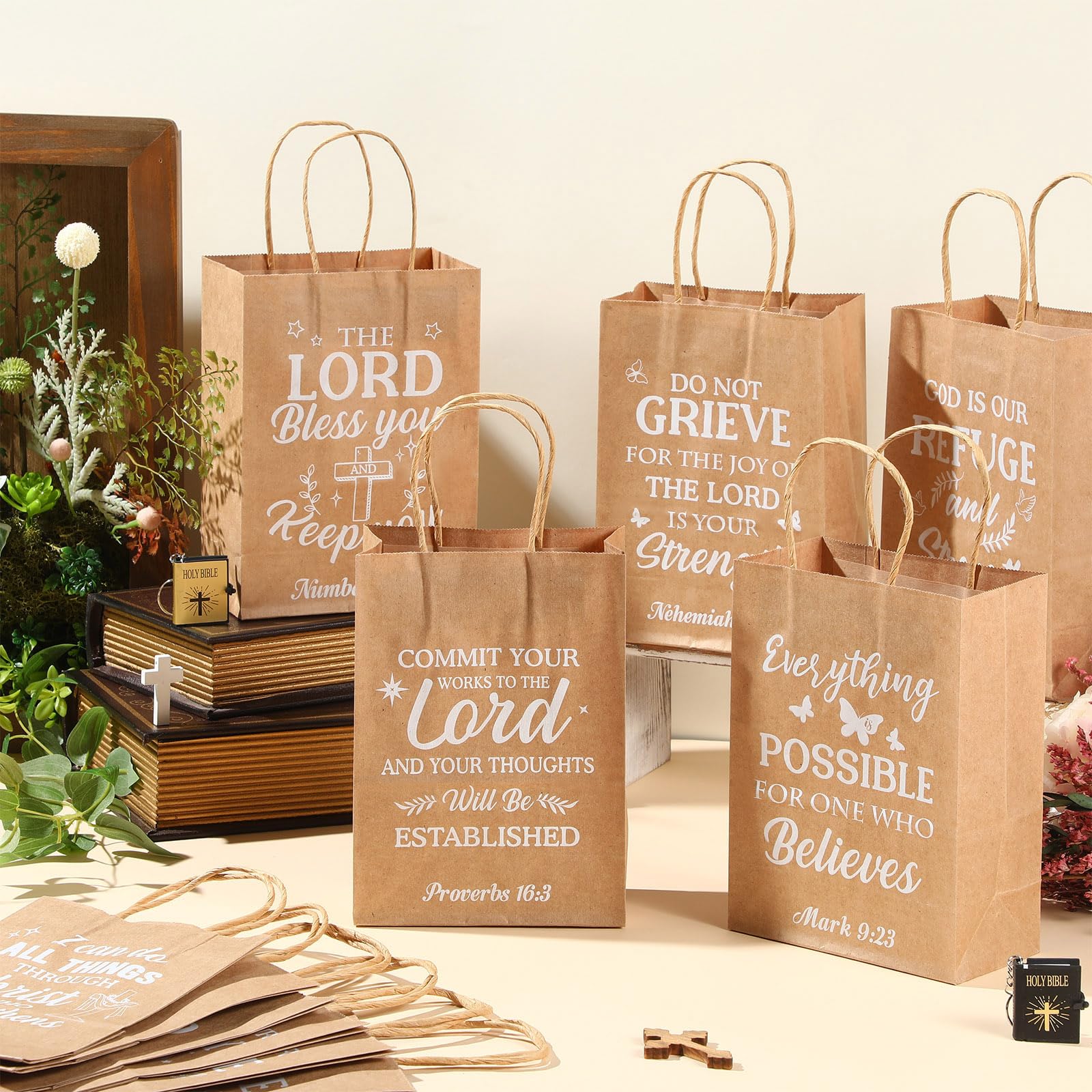 Chiisong 100 Pcs Christian Gift Bags, Fathers Day Religious Bible Verse Treat Bags with Handles Inspirational Church Scripture Bag for Women Wedding Baptism Birthday Party Favor(Kraft with White)