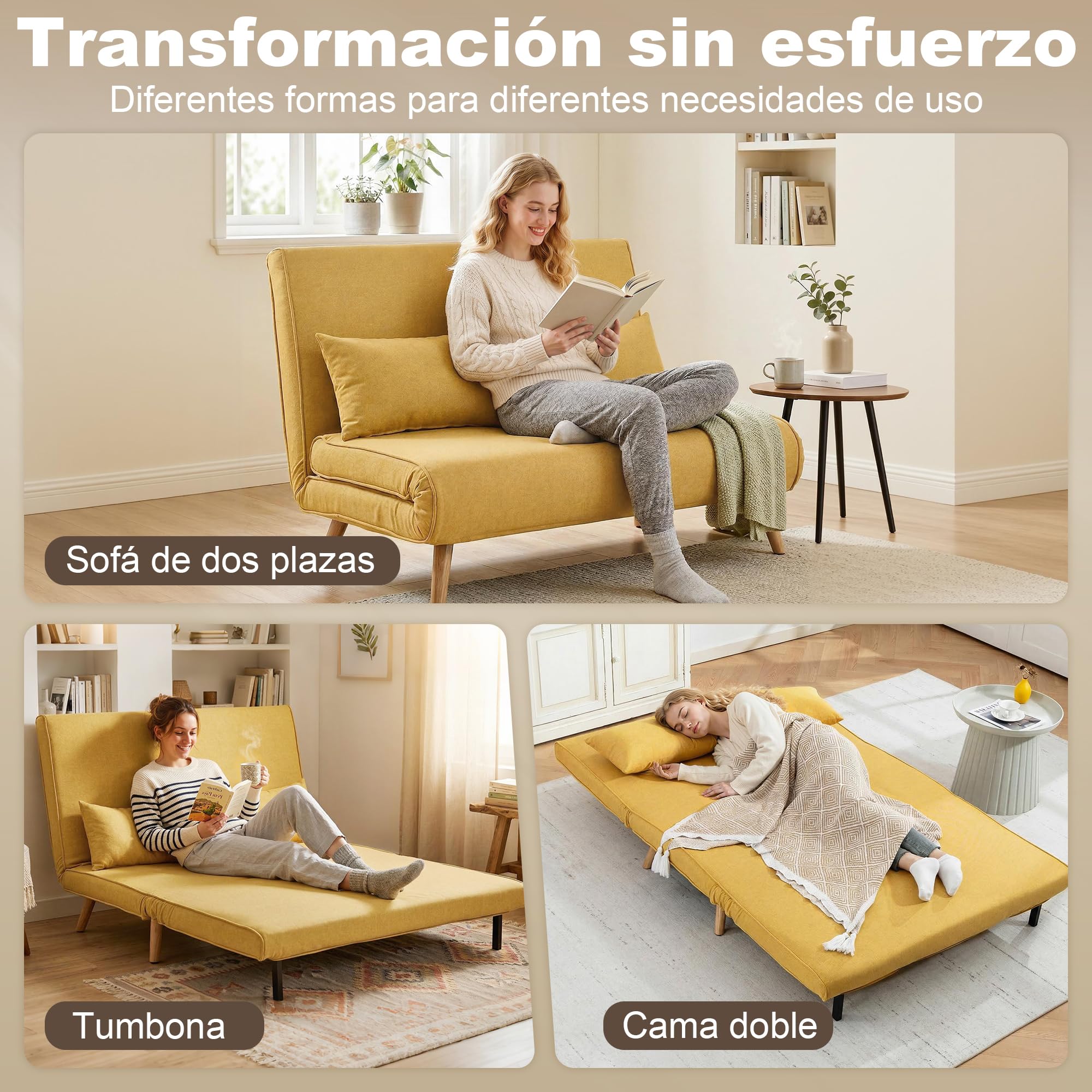 HOMCOM Sofá Cama de 2 Plazas Plegable 3 en 1, Sofá Cama, Tapizado en Lino, con Respaldo Ajustable 5 Posiciones, 2 Almohadas, para Dormitorio, Salón, Amarillo