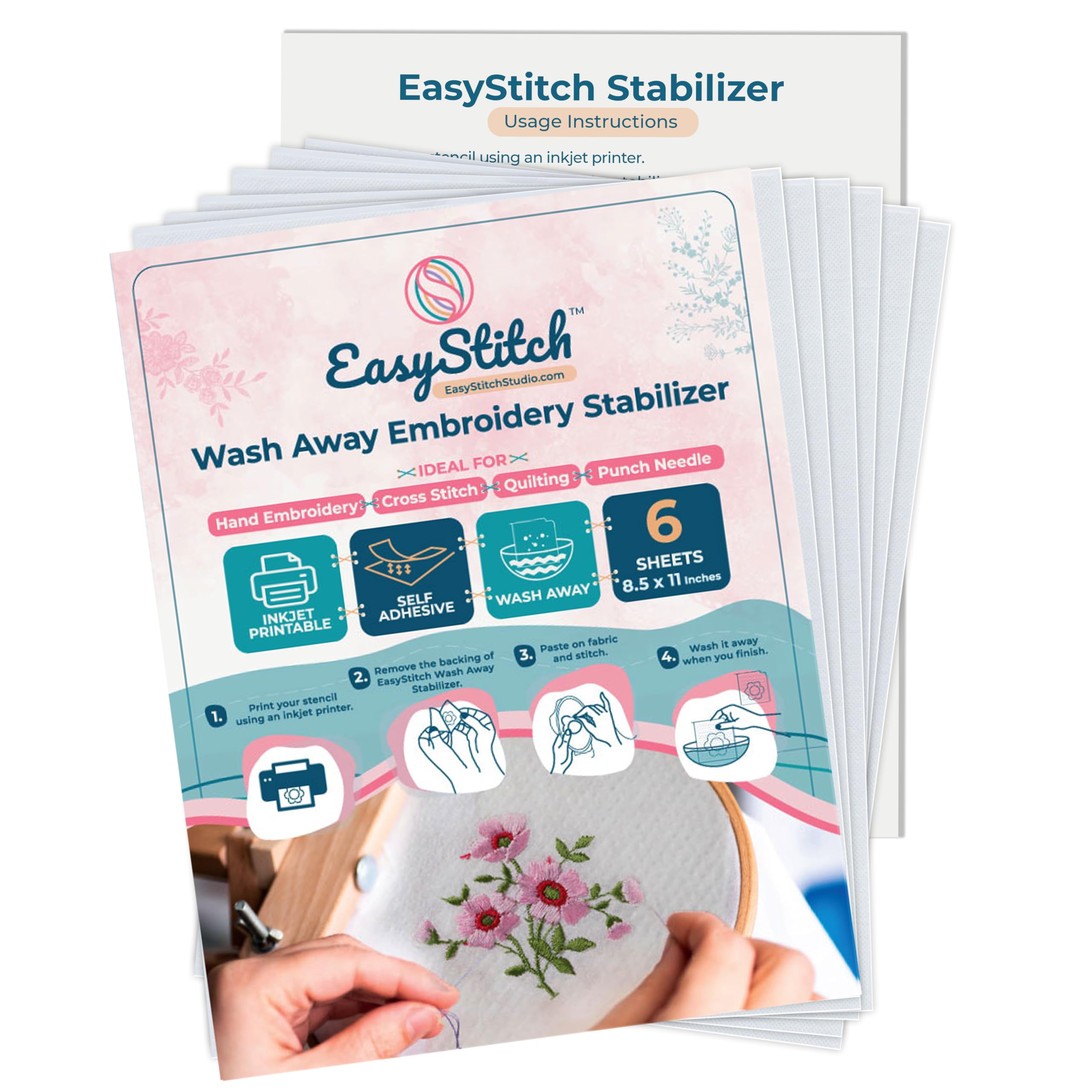 EasyStitchStudio.com 06 Pcs Stick n Stitch Embroidery Paper Sheets – 8.5” x 11” Water Soluble Stabilizer for Embroidery – Adhesive Stabilizer for Transferring Embroidery Patterns