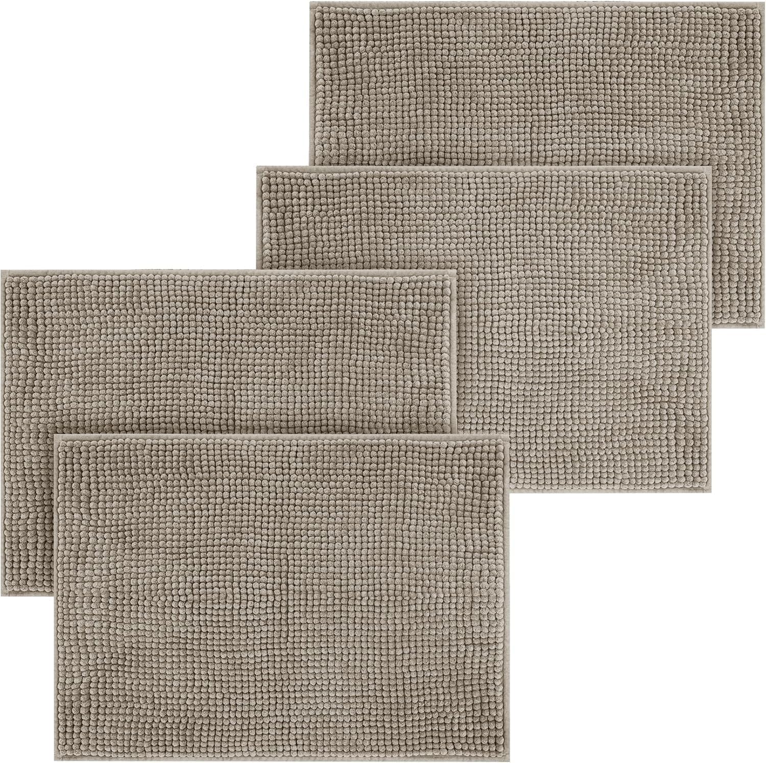 Hafaa Khaki Bath Mat Non Slip Anti Mould – (4 Pack) 40x60 cm Chenille Bathroom Mat