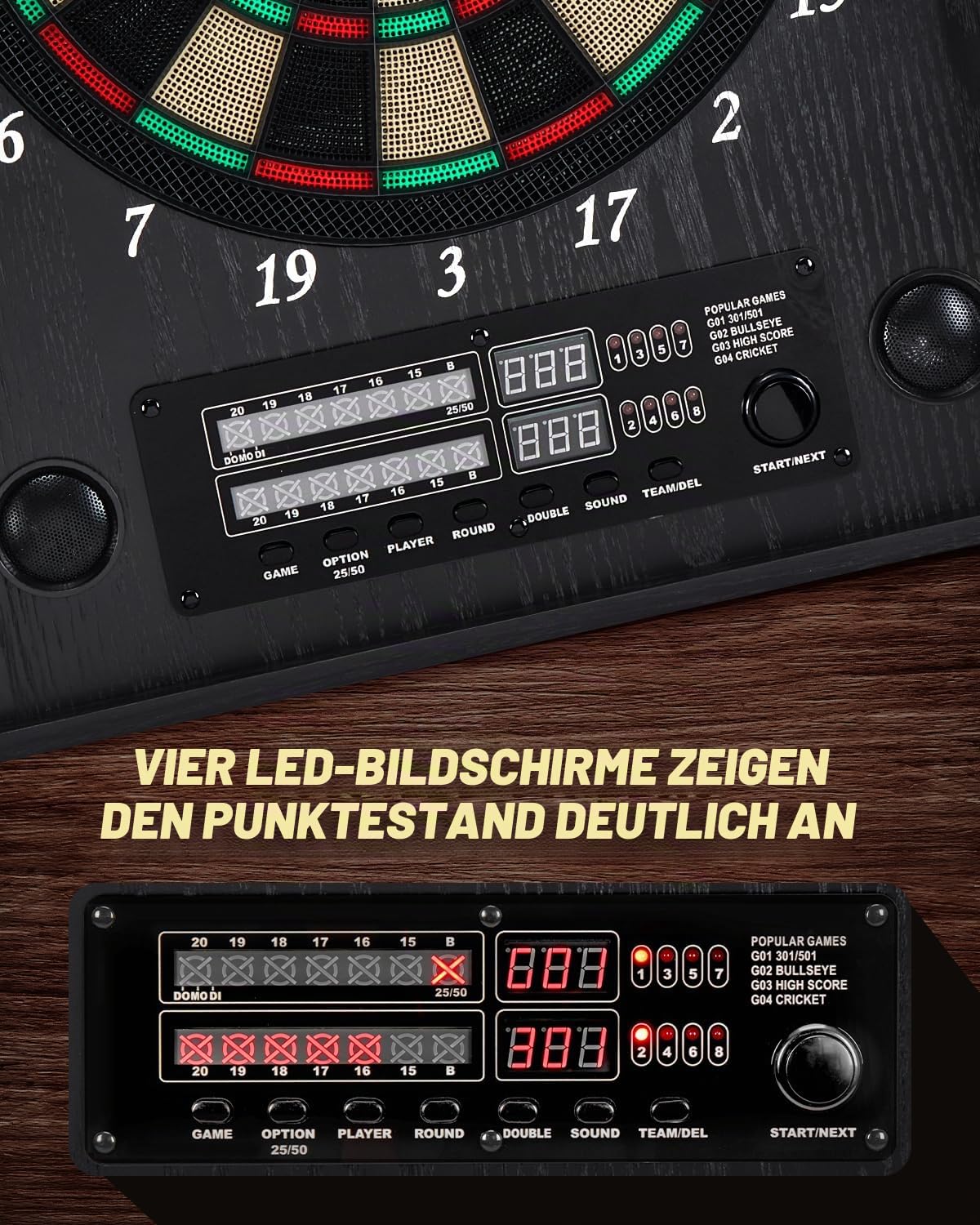Dartscheibe Elektronisch, Dekoratives Elektronische Dartscheibe Schrank-Set [12 Bronze Soft-Tip Pfeile][Cricket-Spielmodus], Profi E Dart Scheibe mit Holzschranktüren - Adler
