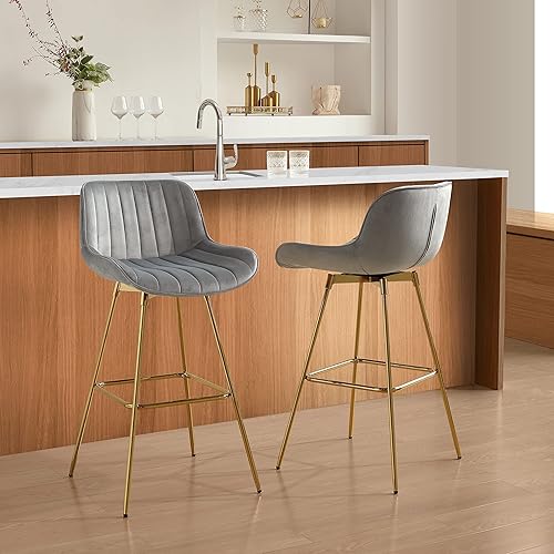 Miniatura 8 de Juego de 2 taburetes de bar giratorios de terciopelo para mostrador, sillas de bar de 29 pulgadas de alto con respaldo y patas doradas, modernos