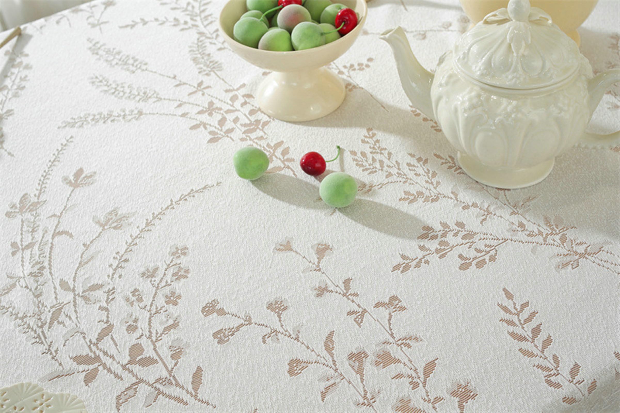 Gualiy Mantel de Mesa Rectangular Poliester, Mantel de Mesa 140 x 300 cm Manteles de Mesa Antimanchas Hojas Estampadas con Borde Ondulado Mantel para Mesa Comedor, Blanco