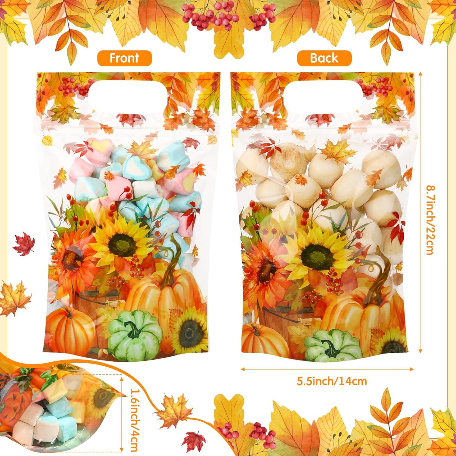 Blosssound 50 Pcs Thanksgiving Gift Bags Resealable Fall Goodie Bags Pumpkin Plastic Pouches Maple Leaf Sealing Pouches with Handles for Autumn Harvest Party Gift Wrapping Supplies Decor (Maple Leaf) - Image 2
