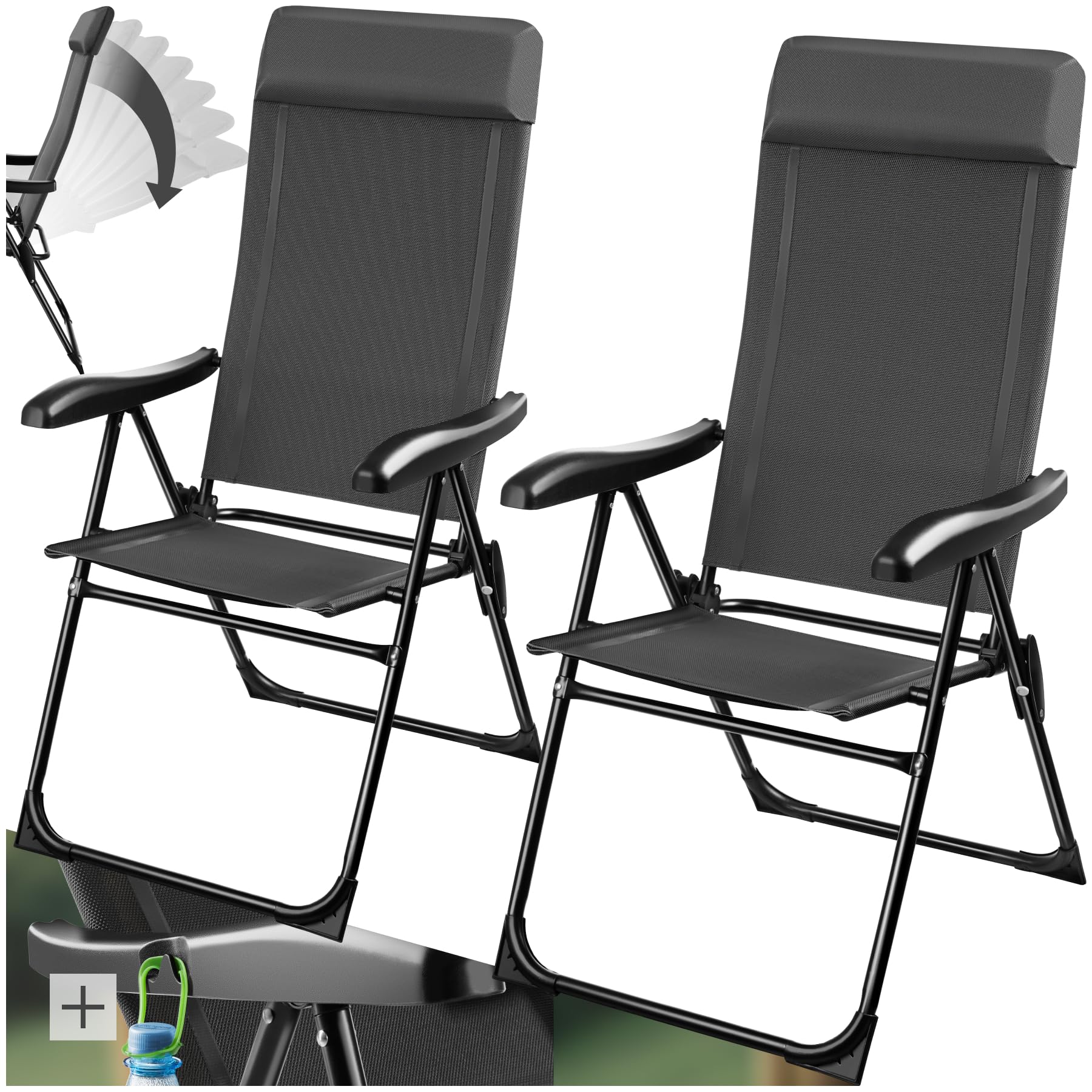 tectake® Silla de Camping Plegable de Aluminio, Respaldo Ajustable 7 Posiciones, Tejido Transpirable, Reposabrazos Ergonómicos, Cojín Extraíble, Pies Antideslizantes, Ideal Acampada y Playa - 2 sillas