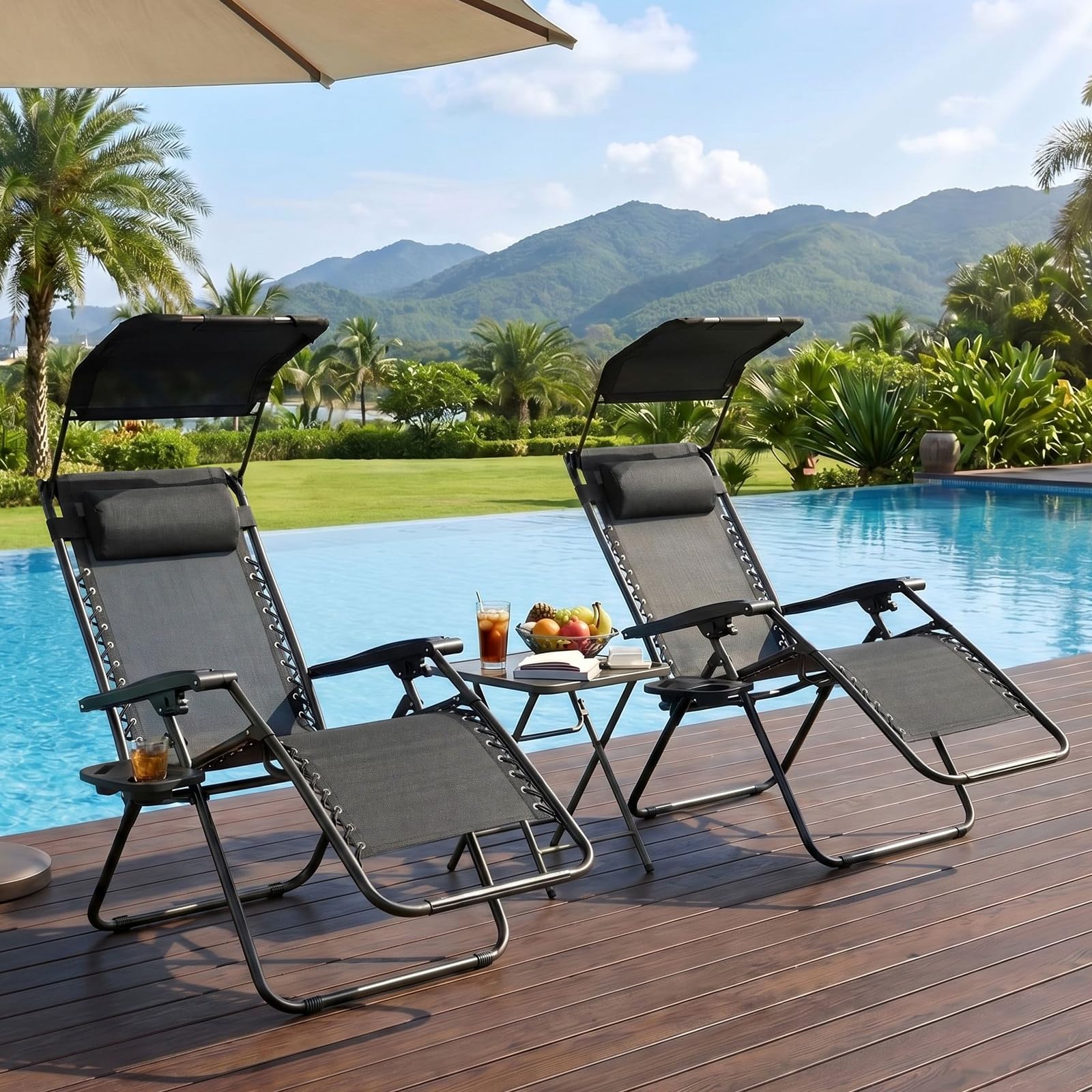 VOWNER Pack de 2 Sillas de Gravedad Cero Plegables, Tumbona de Jardín con Parasol Ajustable y Posavasos, Sillón Relax para Balcón, Terraza, Camping, Playa