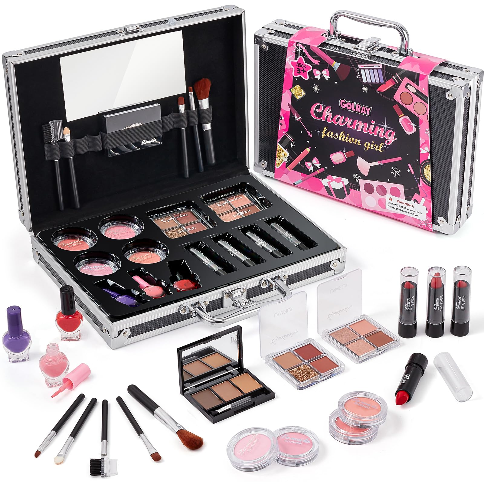 Toyssa Maletín Maquillaje Niñas 7 8 9 10 11 12 Años, Estuche Maquillaje Niña con Sombras de Ojos & Blush & Pintalabios & Esmalte Uñas & Brochas de Maquillaje, Kit Maquillaje Niña Regalos Adolescentes