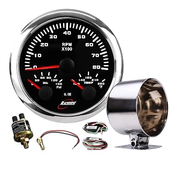 RACETECH 85mm 3in1 Black Tachometer with Chrome Gauge Cup - Bundle