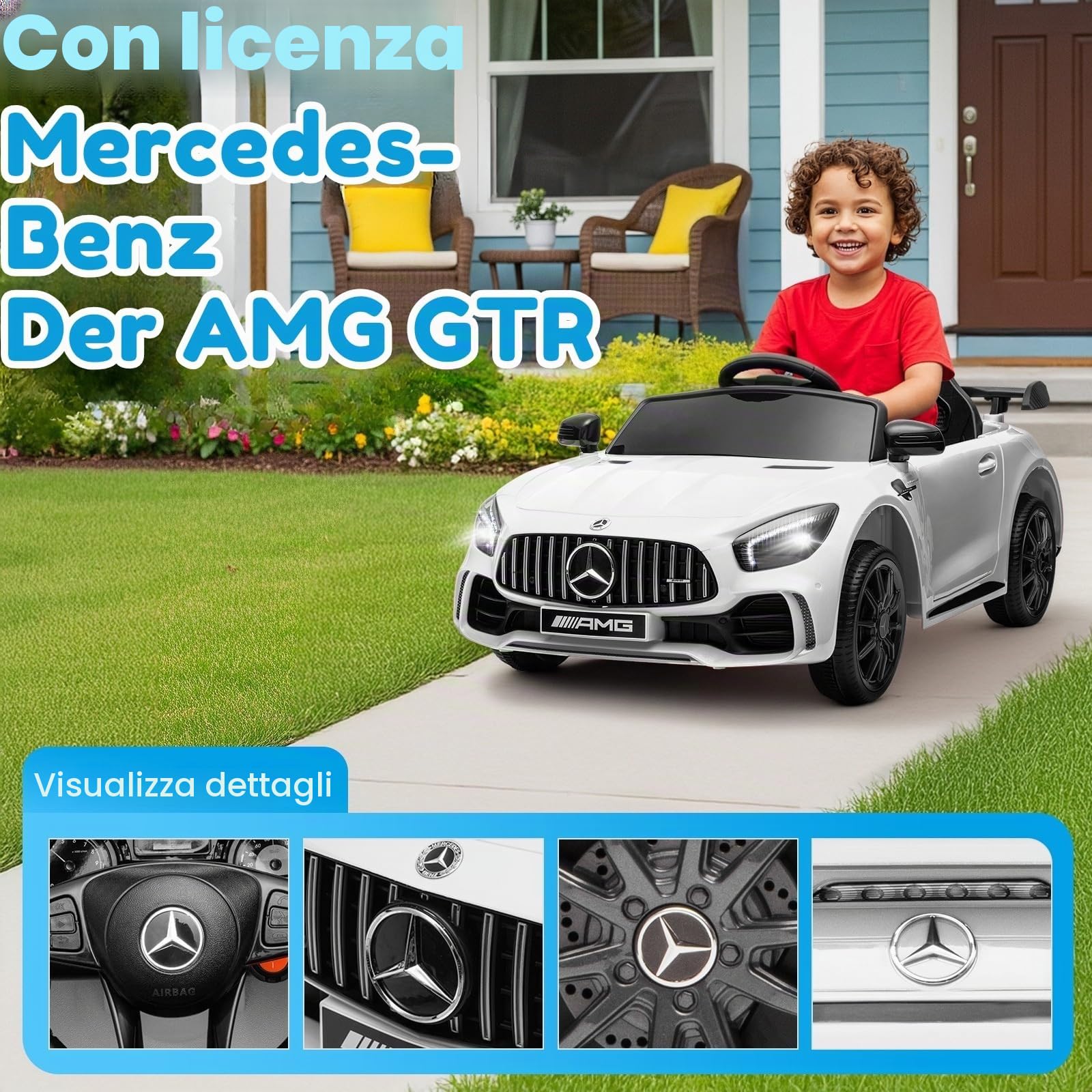 LALAHO Auto Elettrico per Bambini 12V GTR con Telecomando 2,4 GHz, Veicolo Elettrico a 2 Porte con MP3, Klaxon, Luci LED (Bianco)