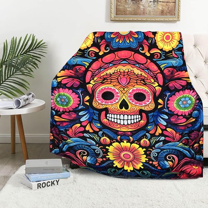 Firmiso Sugar Skull Gifts for Women and Men, Day of The Dead Blanket for Home Decor, Halloween Skull Lighweight Fleece for Bed Room and Living Room, 40x50 inches, No Pilling