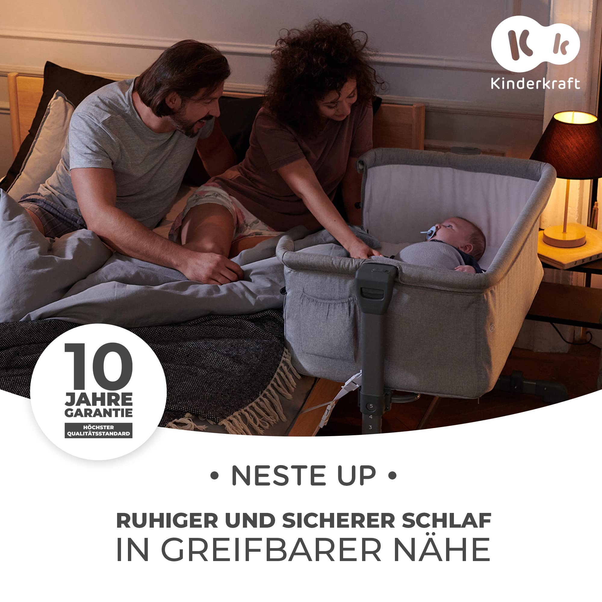 Kinderkraft Beistellbett NESTE UP, Babybetten, Zustellbett, Kinderbett, Kinderreisebett, 2 in 1, Höhenverstellung, mit Zubehör, Matratze, Leichte Konstruktion 9 kg, Melange Grau