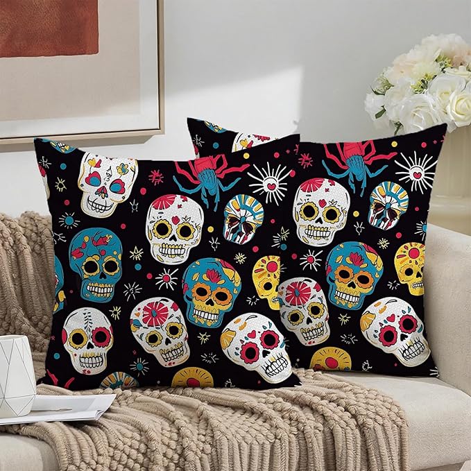 Colorful Skull Linen Pillowcases Set - 2-Pack Decorative Halloween Throw Pillow Covers with Day of The Dead Sugar Skull Design - Soft Cushion Covers for Couch, Bed, Sofa - 18x18 inches