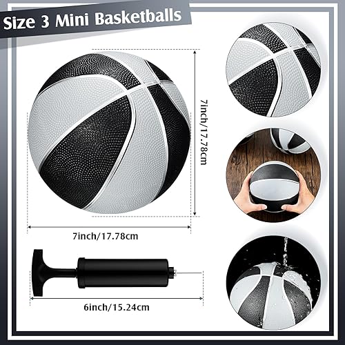 Miniatura 9 de Paquete de 8 mini pelotas de baloncesto de goma de 7 pulgadas con bomba de aire, mini aro de tamaño junior, 3 pelotas de baloncesto para Negro y