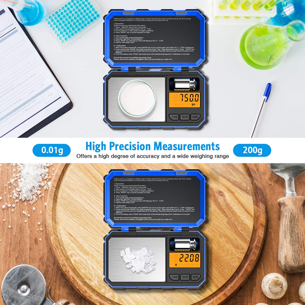 Brifit Feinwaage 0,01g, 200 x 0.01g Taschenwaage Digitalwaage mit EIN 50g Edelstahl Kalibriergewicht, Grammwaage, Münzwaage, Goldwaage mit Tara-Funktion, 6 Einheiten Konvertierung (Blau)