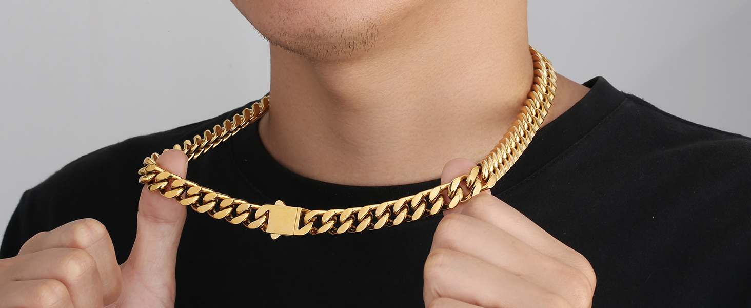 KRKC&CO 8/10/12/14mm Mens Cuban Link Chain,18k Gold Miami Cuban