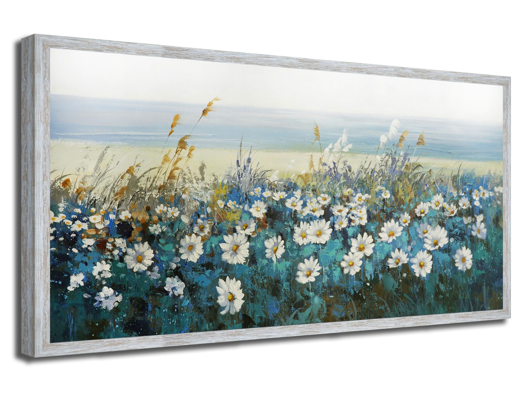 Arjun Flowers Wall Art Canvas White Daisy Floral Painting Blue Coastal Landscape Picture, Modern Large Size Framed Artwork for Living Room Bedroom Bathroom Dinning Room Office Home Wall Decor, 48"x24"