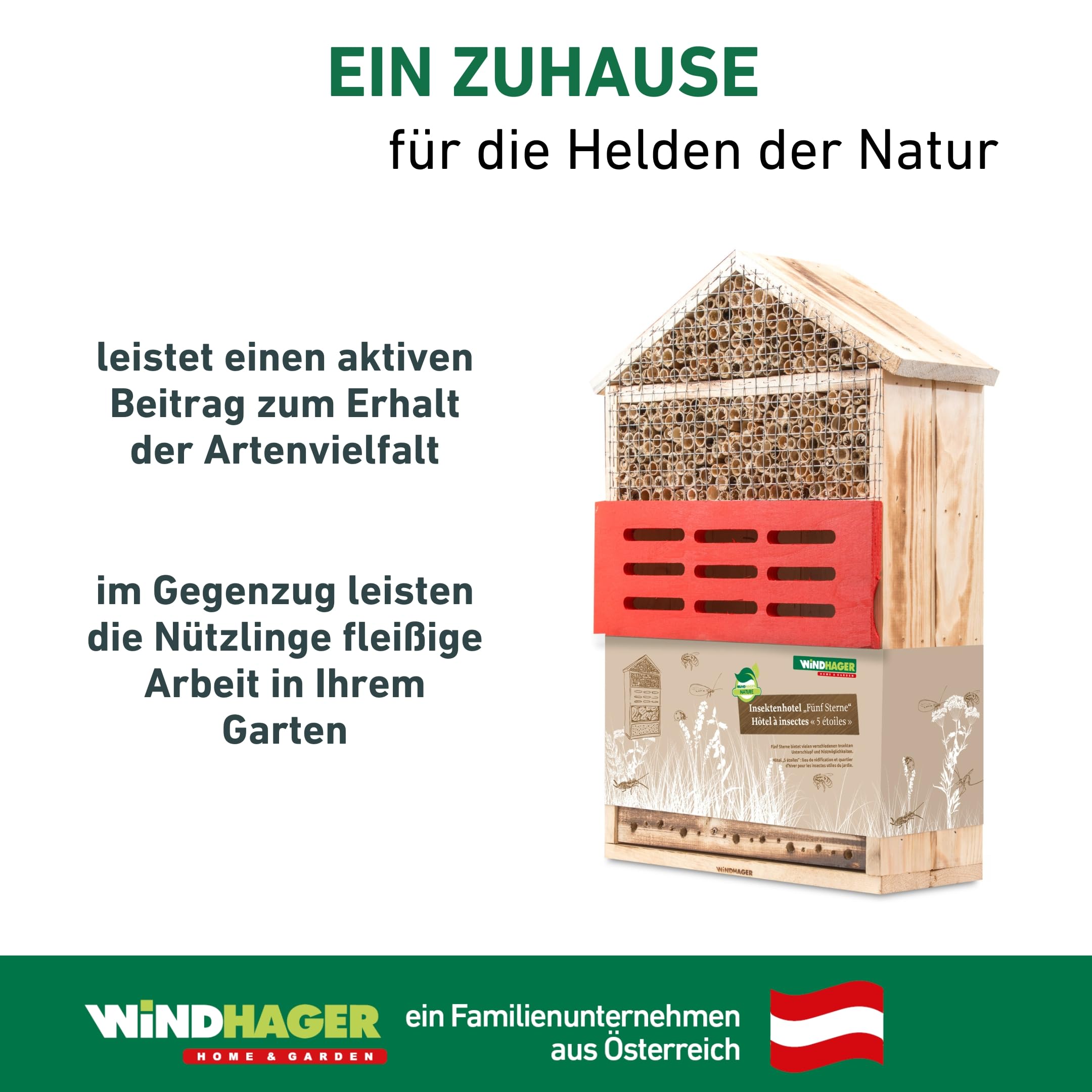 Windhager Insektenhotel 5 Sterne, Insektenhaus Nistplatz Brutplatz, Schutz für viele Insekten, aus Massivholz, gefüllt mit Rinde und Schilfrohr, 06974