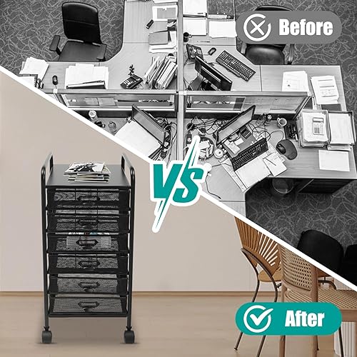 Miniatura 6 de Carro de archivos abierto de malla con cajones de almacenamiento, carrito de almacenamiento rodante con ruedas giratorias de 360, organizador de