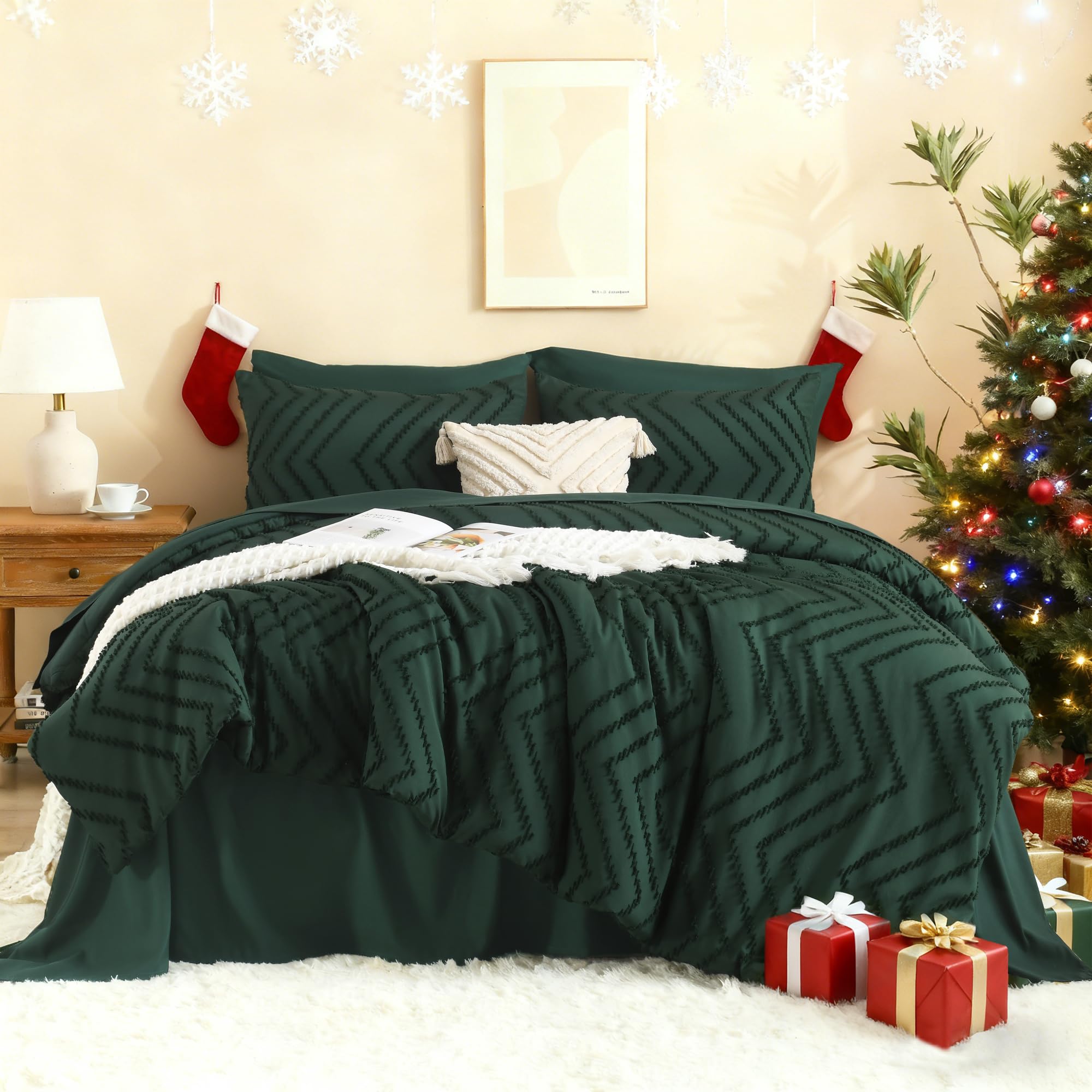 Litanika Comforters Queen Size Set with Sheets Dark Emerald Green - 7 Pieces Bed in a Bag Queen Chevron Tufted Complete Beddding Sets with Comforter, Sheets, Pillowcases & Shams
