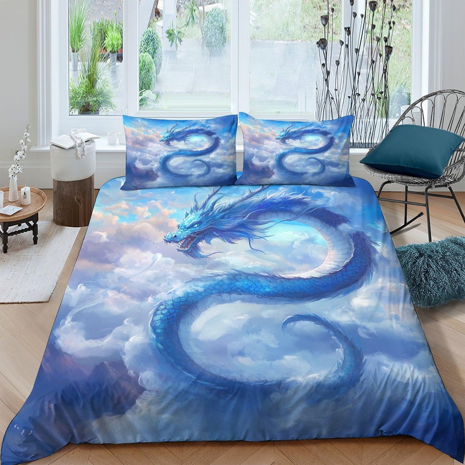 GPLZQXKJNH 3D Printed Blue Dragon Duvet Cover Microfiber Soft Breathable Cloud Sky Bedding Set with 2 Pillowcases for Bedroom Decor 110 Characters Single（135x200cm）