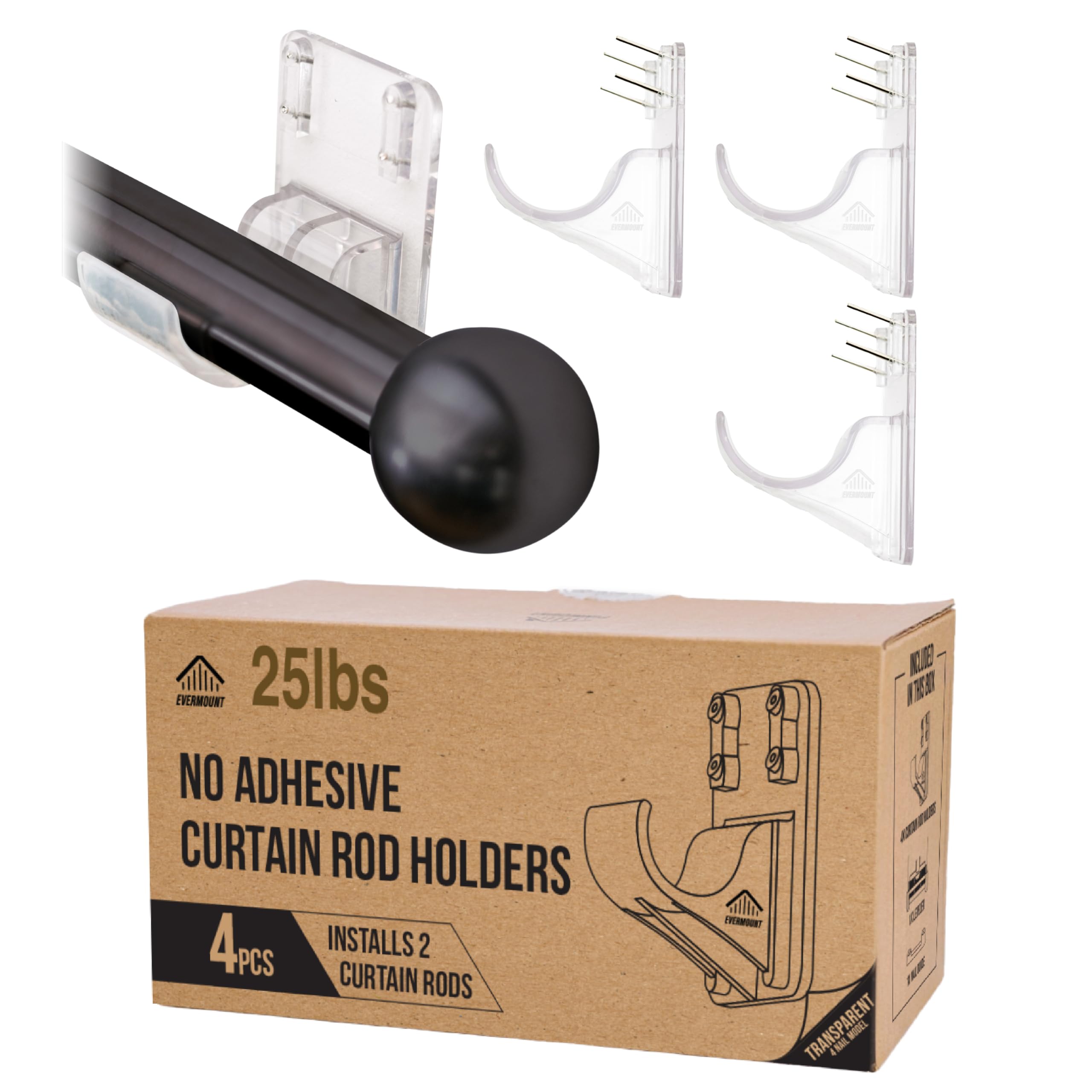 Photo 1 of No Adhesive Heavy Duty Curtain Rod Holders with Wide Hook, 5X Stronger Than Adhesive Curtain Rod Hooks,Tension Curtain Rod Bracket for Wall with Pin Guide, Curtain Wall Mount (4 Pack, for 1.25" Rods)